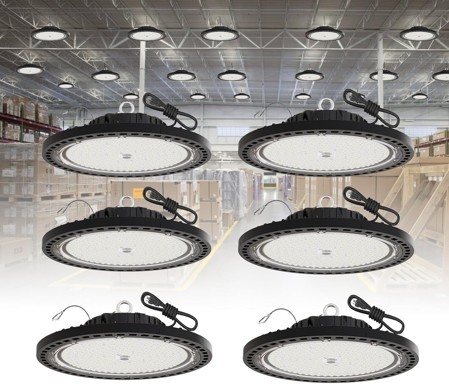 6 Pack UFO LED High Bay Light 250W, 35000 LM, 5000K with 5ft Power Cord, US Plug, Bright LED Shop Light for Basement Commercial Factory Garage Lighting, IP66 Waterproof, AC110-277V, ETL Listded