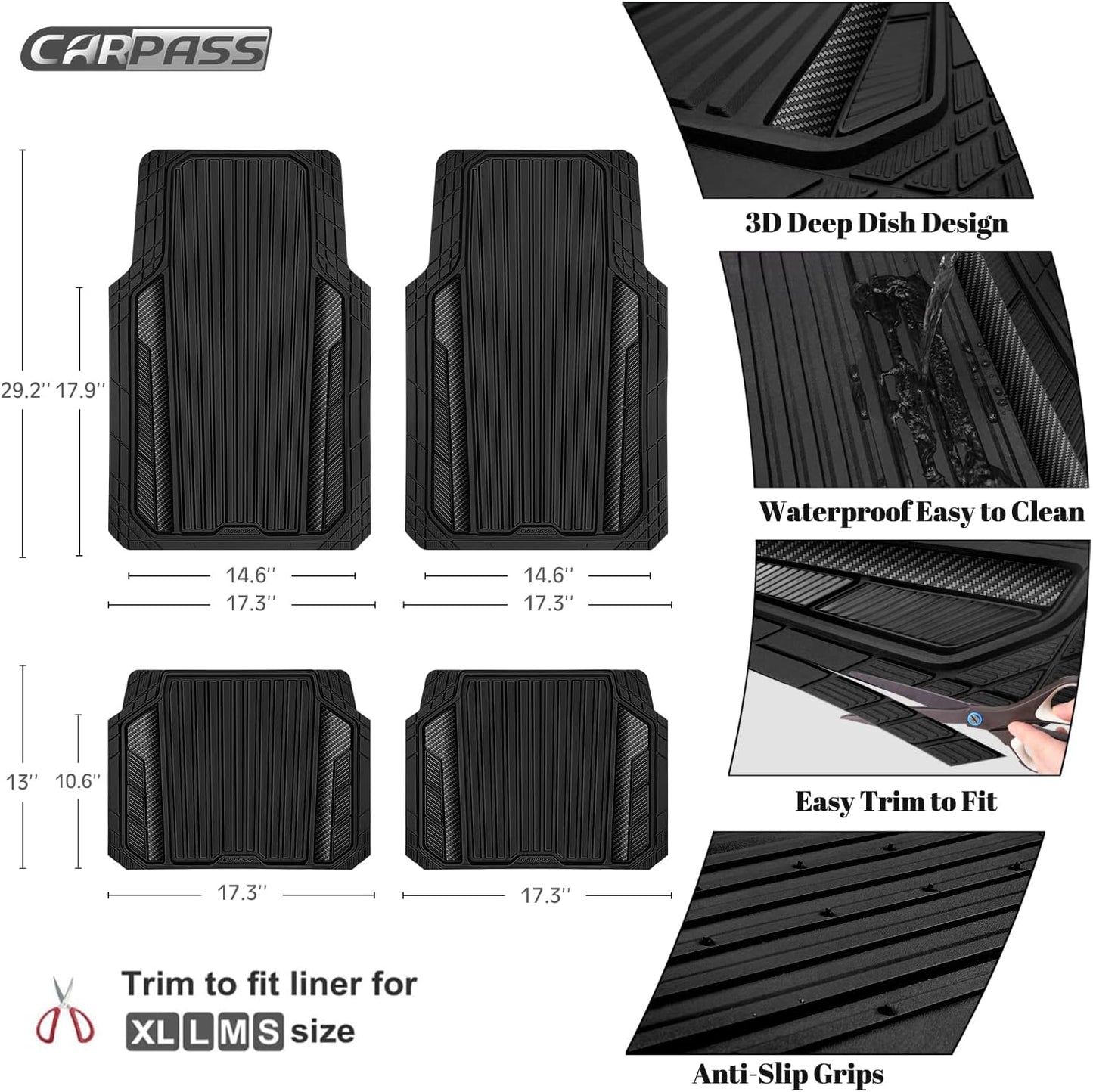 CAR PASS Heavy Duty Rubber Car Mats Metallic,Aluminum Film All Weather Floor Mats Waterproof Universal Trim to Fit SUVs Sedans Vans 4 Piece Anodized Deep Dish Two-Tone Sporty Carbon Fiber Black Chrome