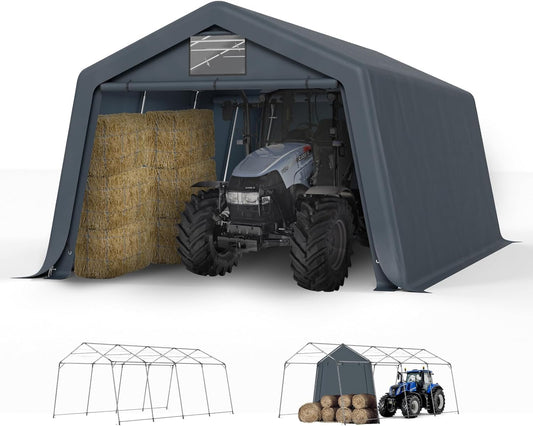 GREEN PARTY Storage Shelter Shed, 13x22 ft Portable Shed Outdoor Carport with Roll-up Zipper Door & Vents, Outdoor Storage Shed Portable Garage for Motorcycle, Bike, Waterproof & UV Protected, Gray