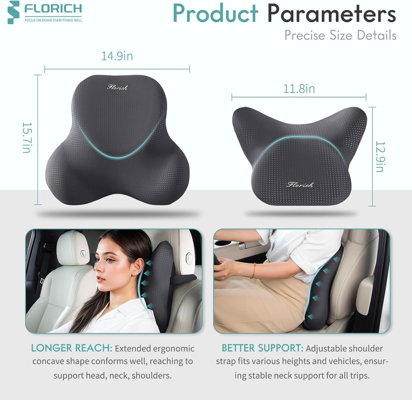 FLORICH Car Lumbar Support Pillow and Neck Headrest Pillow for Office Chair, Ergonomic Memory Foam, Relieves Neck, Back Pain, Pressure-Relieving Back Support for Car, Office Chair & Wheelchair – Gray