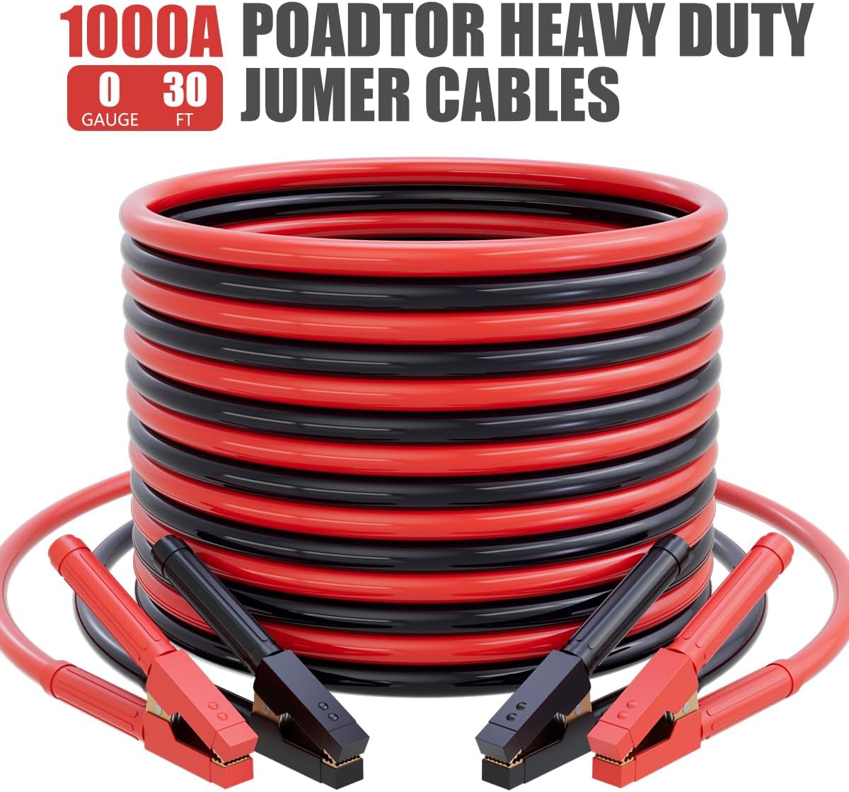 Heavy Duty Jumper Cables for Car Battery, 0 Gauge 30 Feet 1000AMP, Automotive Booster Cables for Jump Starting Dead or Weak Batteries, Suitable for 8L Gas & 6L Diesel, Carrying Bag Included