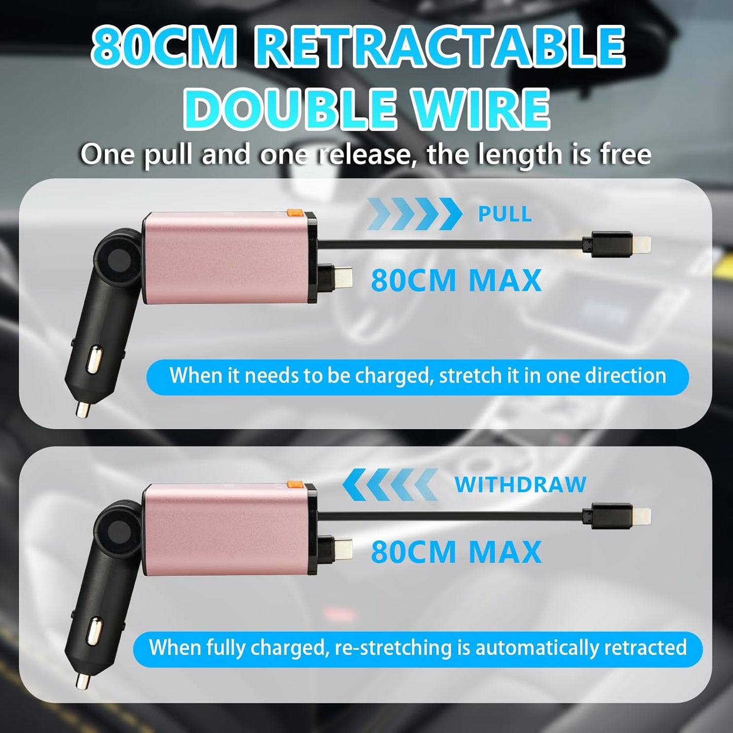 Retractable Car Charger,5 in 1 Fast Cars Phone Charger 60w,Bluetooth 5.3 FM Transmitter Adapter,Handsfree Call,MP3 Player,2 Retractable Cables and USB Chargers, for Phone,Galaxy,Pixel (Pink)