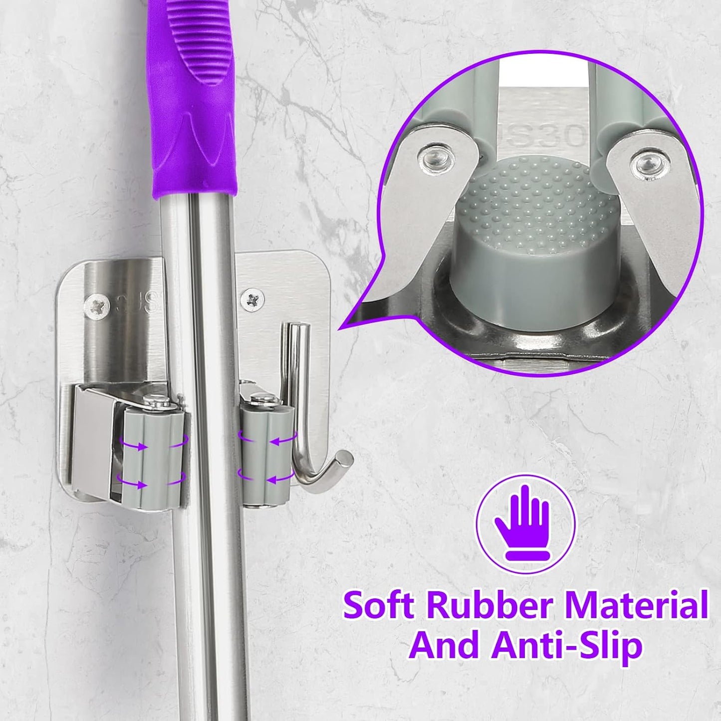 Broom Holder Wall Mount Screw Drilling, Sturdy Heavy Duty Stainless Steel Mop Gripper Rack Perforated, Perfect for Laundry Room Organizer, Fit with Laundry Kitchen Garage Garden Storage System