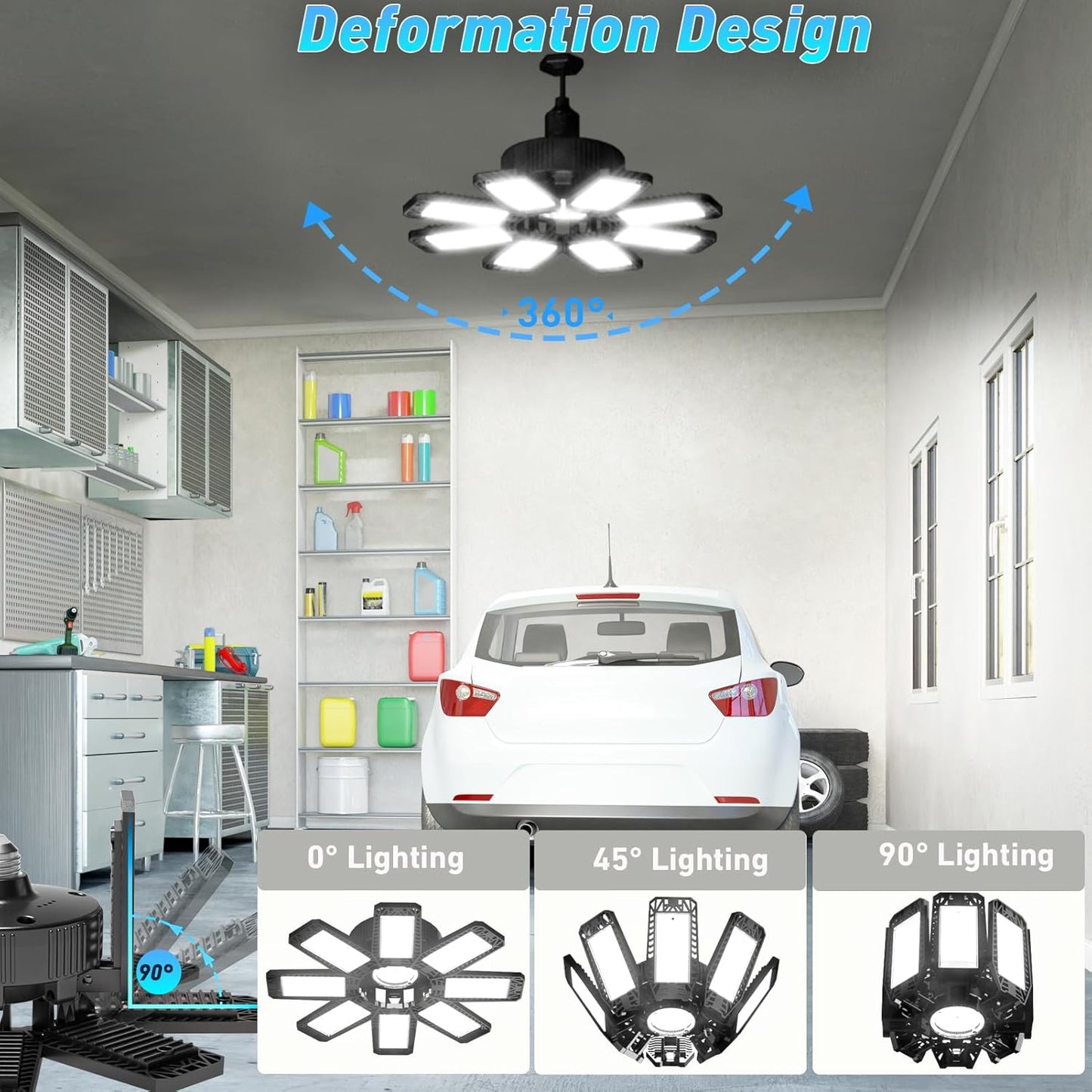 Garage Light 4 Pack - 240W 24000LM 6500K Garage Lights Ceiling LED with 8+1 Deformable Panels, E26/E27 Screw Socket in LED Shop Light for Workshop, Basement, Gym, Barn, Warehouse etc Bay Lighting