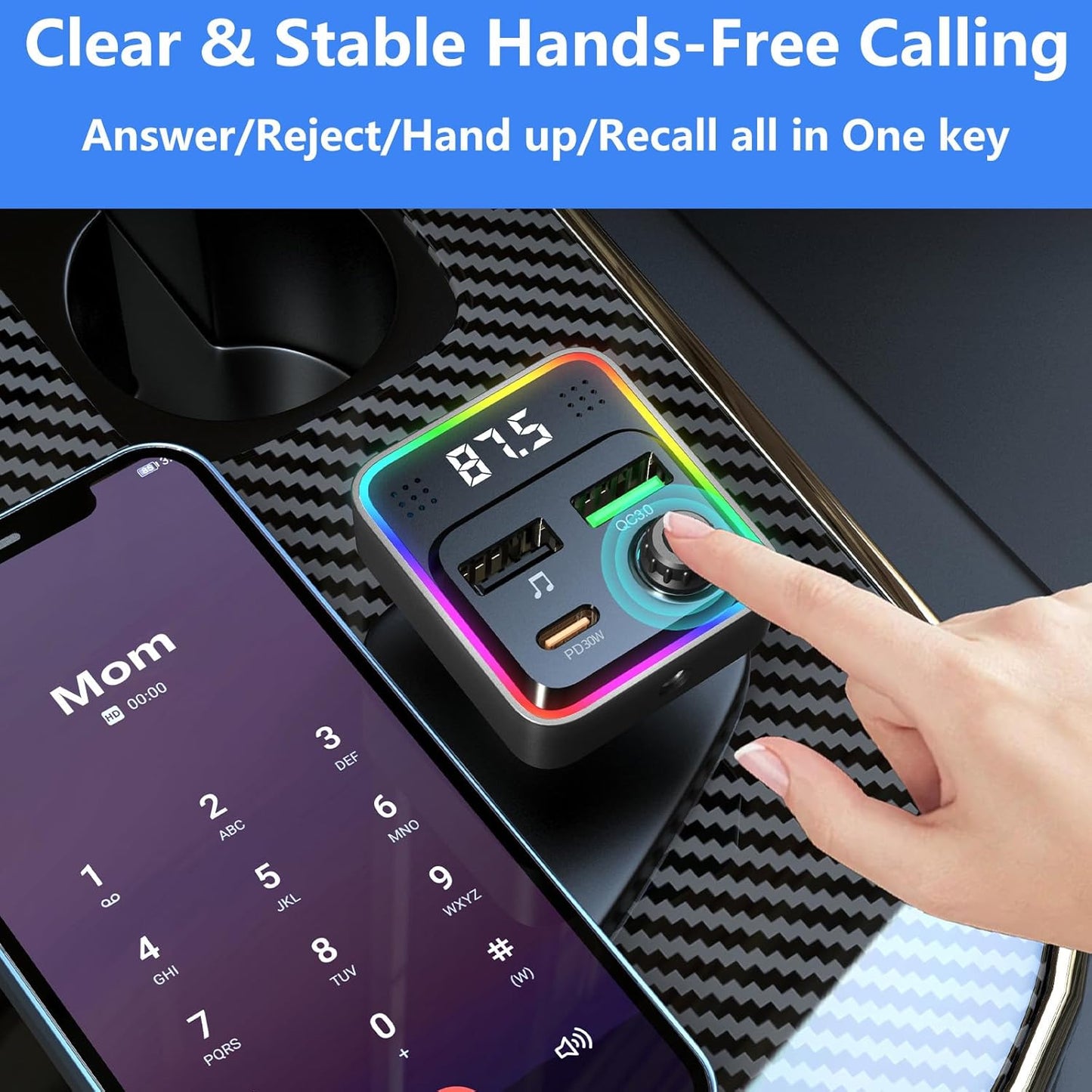 Bluetooth FM Transmitter for Car - Bluetooth Car Adapter with Type-C PD(30W) Charger, Dual QC3.0 USB Port, Aux Port - Support Handsfree Calling, 7 Colors Backlight, U Disk, MP3 Player