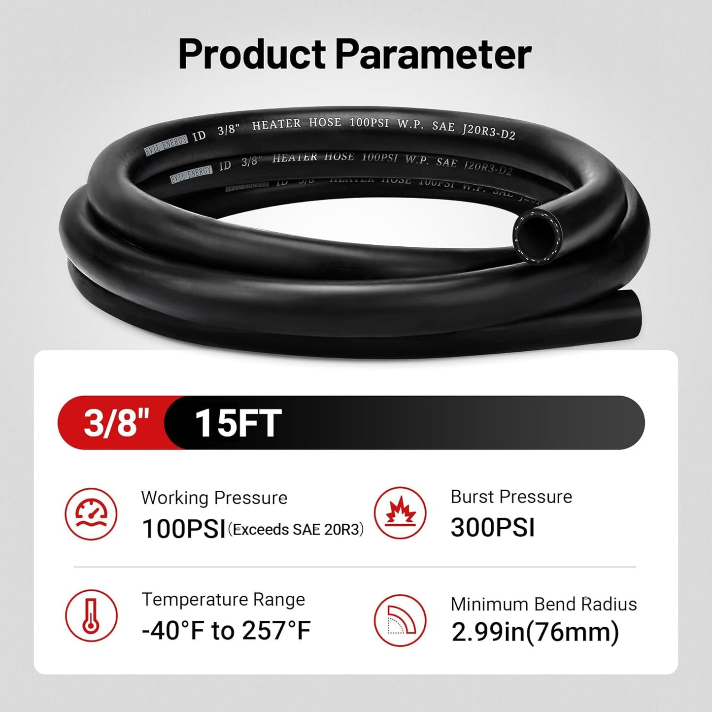 EVIL ENERGY 3/8" Heater Hose Coolant Radiator Straight 100PSI SAE 20R3 15FT Black