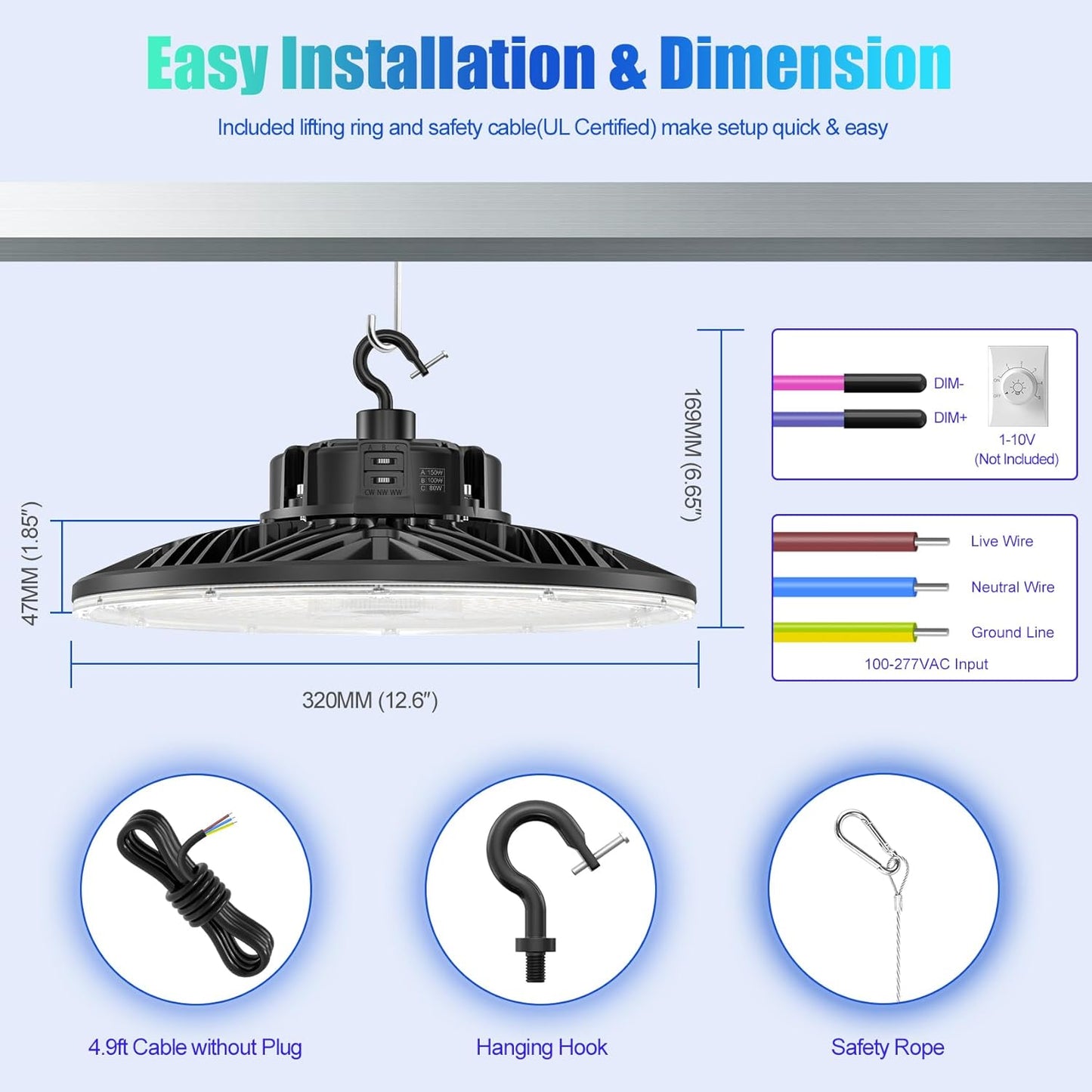 UFO LED Low Bay Light 4000K 80W 100W 150W 21,000Lumen 3000K Highbay UFO Lights for Workshop Garage Warehouse Lighting Fixture DLC UL Listed AC100-277V Input, 5000K High Bay LED Shop Lights Diammable