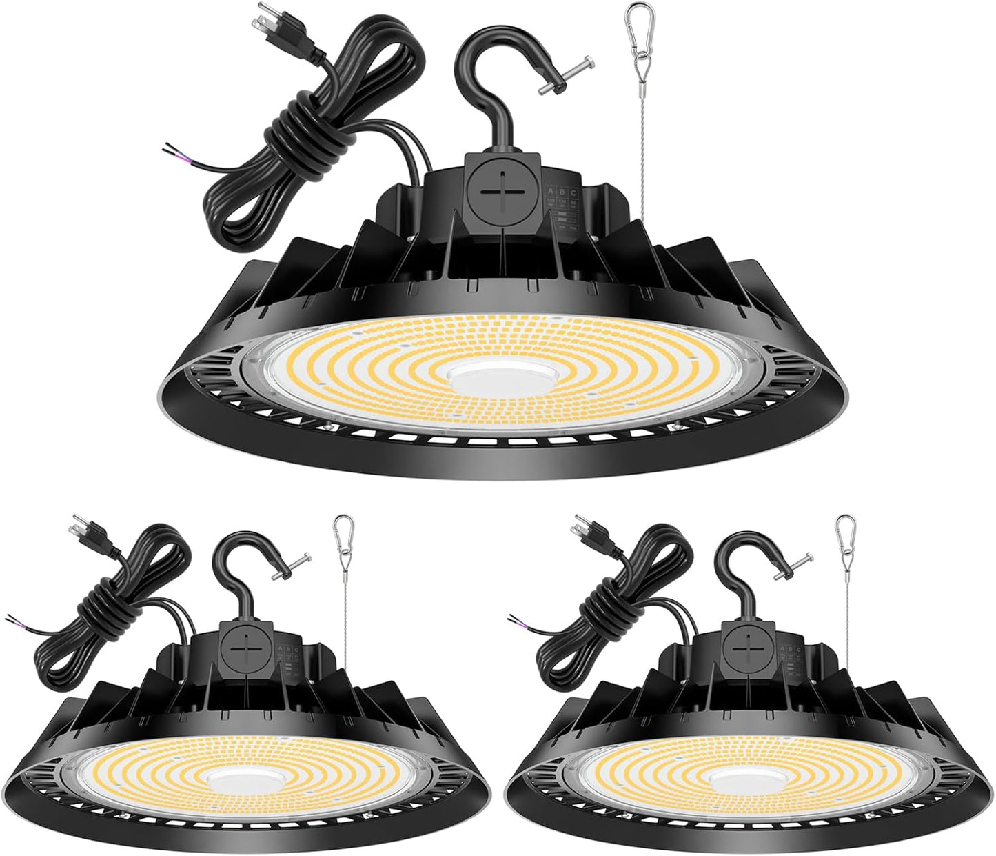3Pack LED High Bay Lights, 240W UFO High Bay LED Shop Lights, 36000LM Adjustable CCT(5700K 5000K 4500K) & Power(240W 200W 150W), 0-10V Dimmable, 5' Cable Plug, IP65 Waterproof, ETL & DLC Listed
