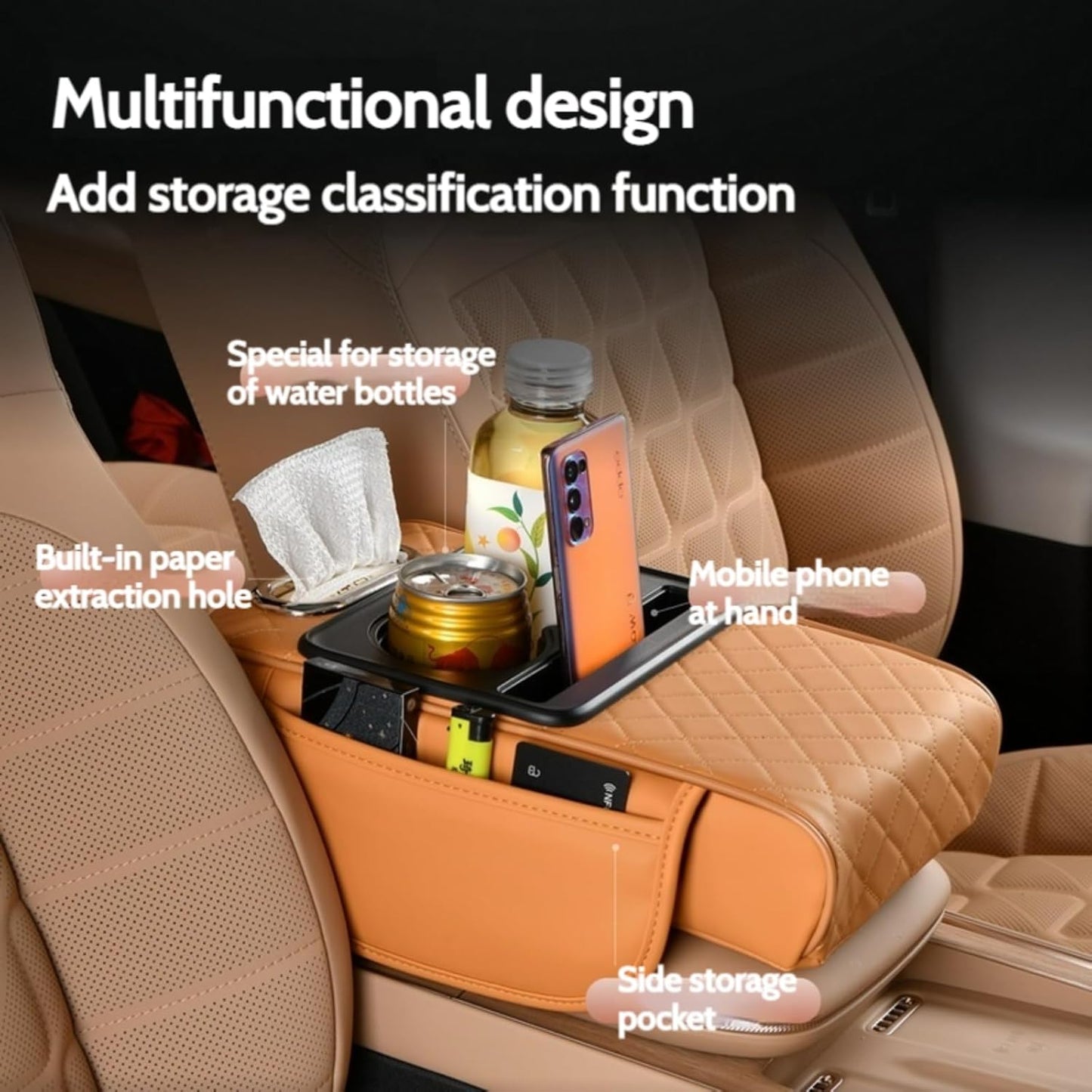 Car Center Console Cover Booster Multifunctional Car Center Console Cushion Pad with Cup Holder & Tissue Box & Side Pockets Arm Rest Cover for Car, Embossed, Black