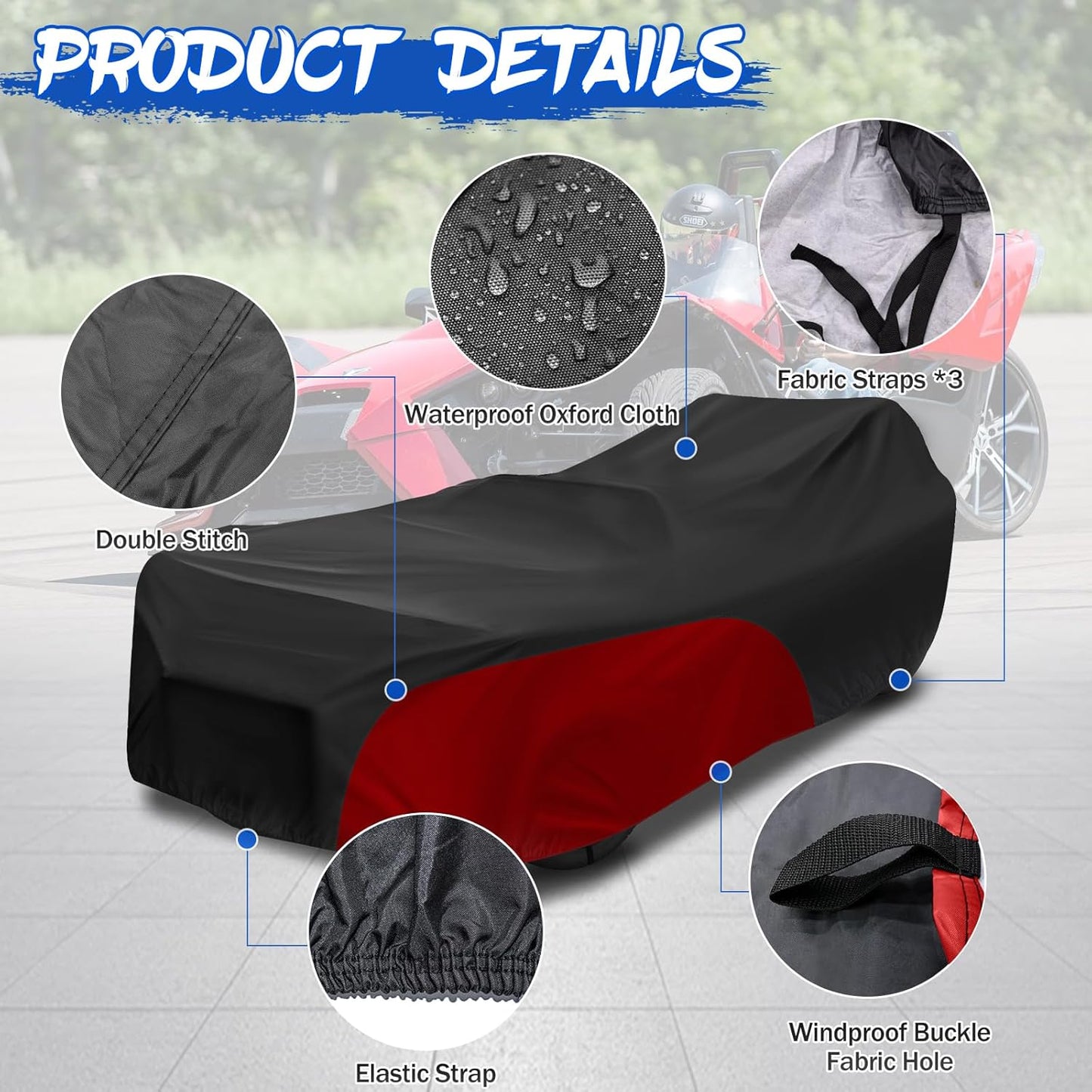 Full Cover for Polaris Slingshot,Waterproof Windproof Sunproof Outdoor Protection Compatible with Slingshot/S/SL/SLR/SLR LE,with Fabric Straps,Black&Red