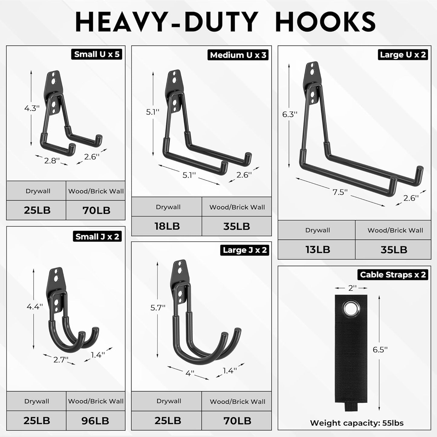 BONTEC Heavy Duty Garage Hooks, Anti-Slip Coated Black Steel with Strong Load Capacity, Multi-Sized U and J Hooks, Easy Wall Mount for Garage, Garden, Workshop (Black, 16 Pack)