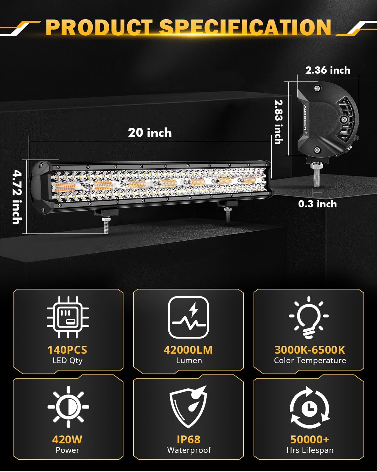 Auxbeam 20 Inch 420W LED Light Bar, 6 Modes Strobe Amber Pod Lights Yellow Fog Light Dual Color Spot Flood Offroad Driving Lights, Memory Function LED Work Lights for Truck Car ATV