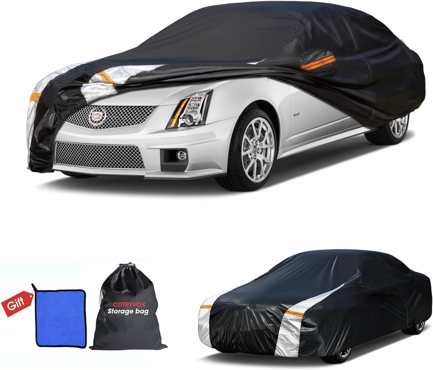 Cadillac CTS Car Cover 100% Waterproof All Weather, Gift with Towel, 10 Layers Sedan Car Cover Custom Fit 2003-2019 Cadillac CTS, Full Exterior Covers Rain Sun UV Protection with Door Zipper.
