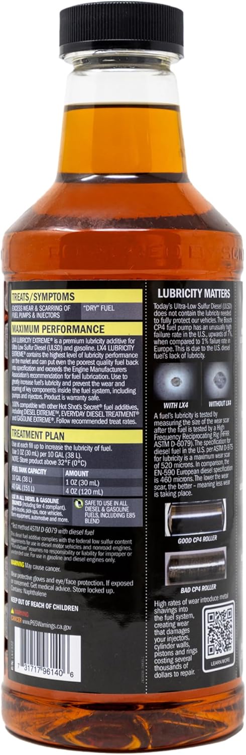 Hot Shot's Secret LX4 Lubricity Extreme – 32 Fl Oz - Fuel System Protection – Lubricates and Protects Fuel Pump and Injectors – Prevents Wear and Damage – For Gasoline or Diesel Engines