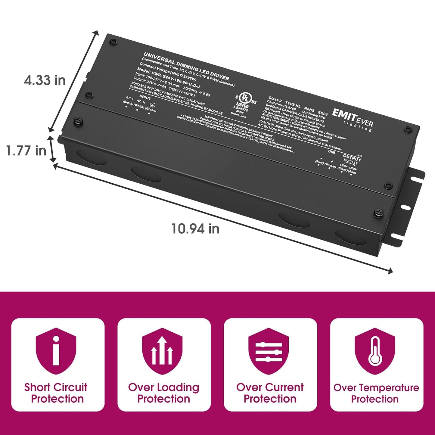 EMITEVER 192W Dimmable LED Driver, 24V 5-in-1 Dimmable Power Supply,2-Channels AC to DC Transformer for LED Light, Compatible with Lutron and Leviton Dimmer, Waterproof IP67 and UL Listed, Class 2