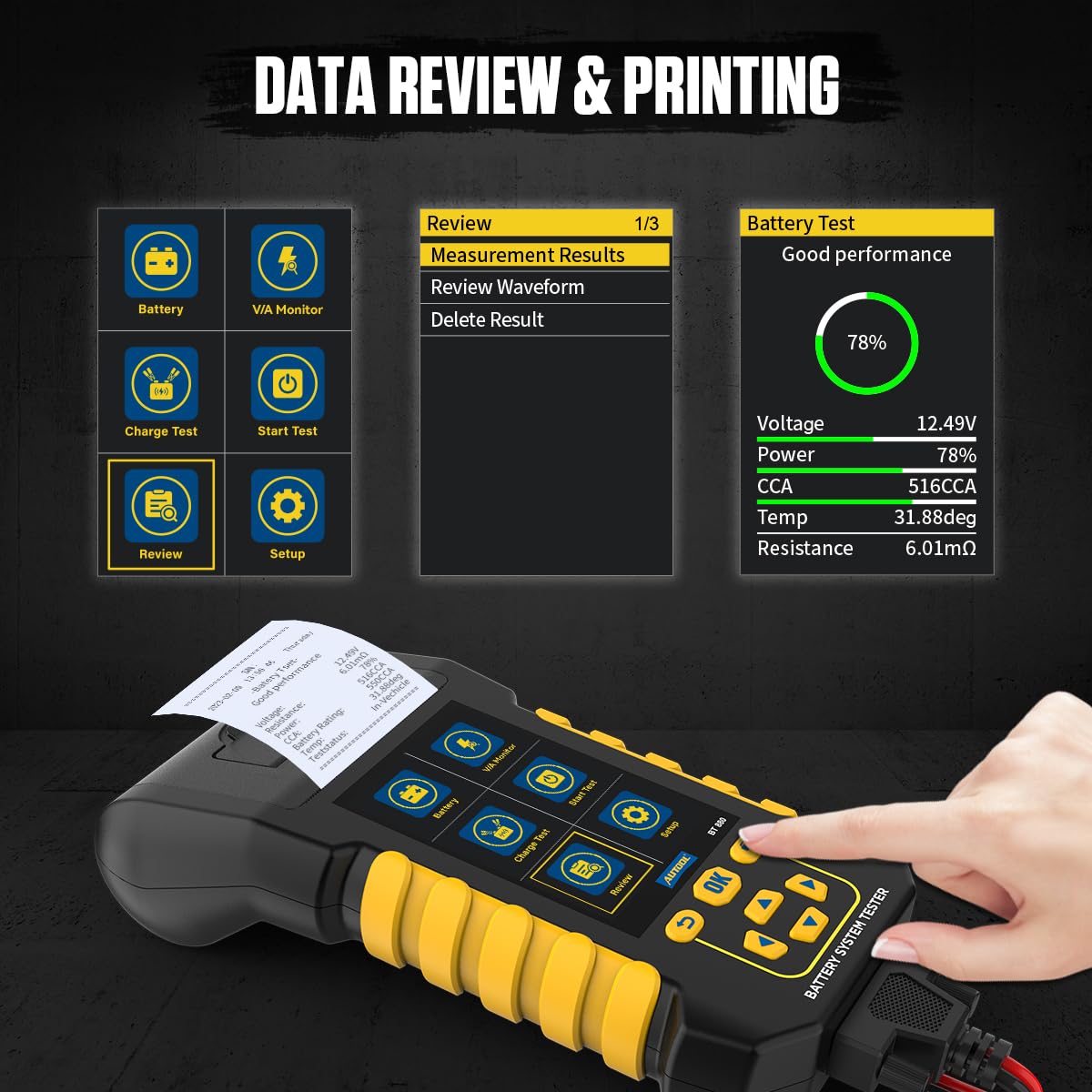 Car Battery Tester 12V/24V Digital Automotive Batteries & Alternator Diagnostic Tool, 20-2000 CCA Load Capacity Charging Cranking System Tester for Truck Marine Motorcycle SUV Boat (Built-in Printer)