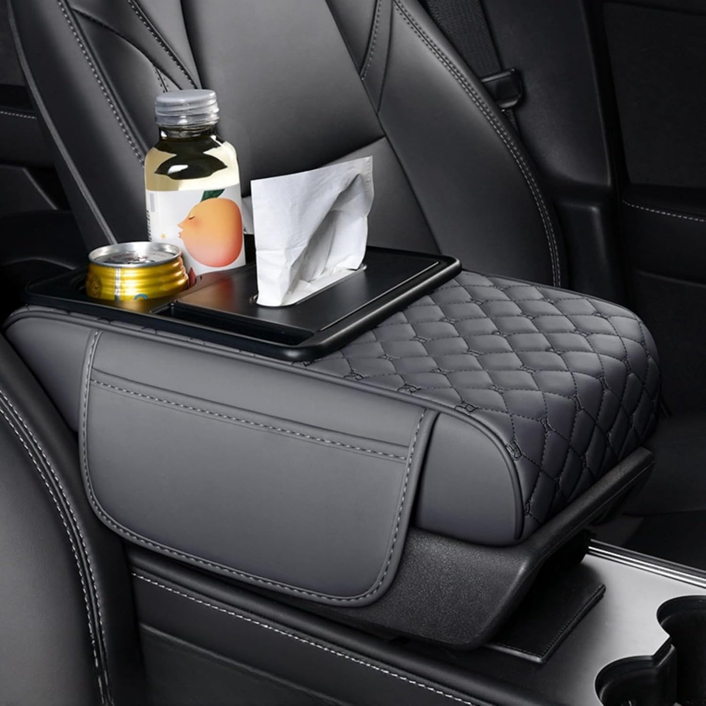 Center Console Cover Organizer, 5-in-1 Arm Rest Cover for Car with Cup Holder & Storage Pocket & Tissue Holder, Armrest Cover Cushion Pad, Grid, Grey