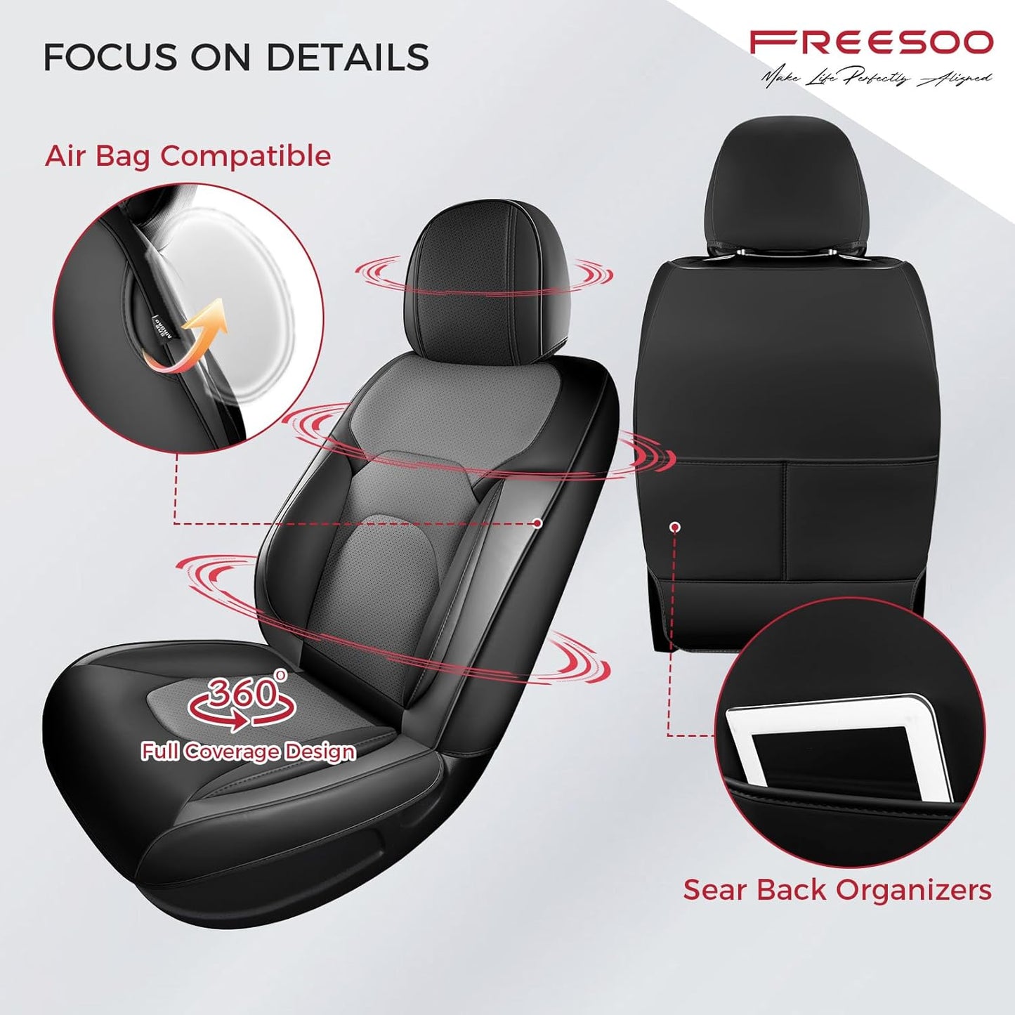 FREESOO Car Seat Covers Front Seats 2PCs,Waterproof Automotive Seat Covers, Leather Cars Interior Covers, Seats Protection Universal fit Babies & Adult (BlackGrey)
