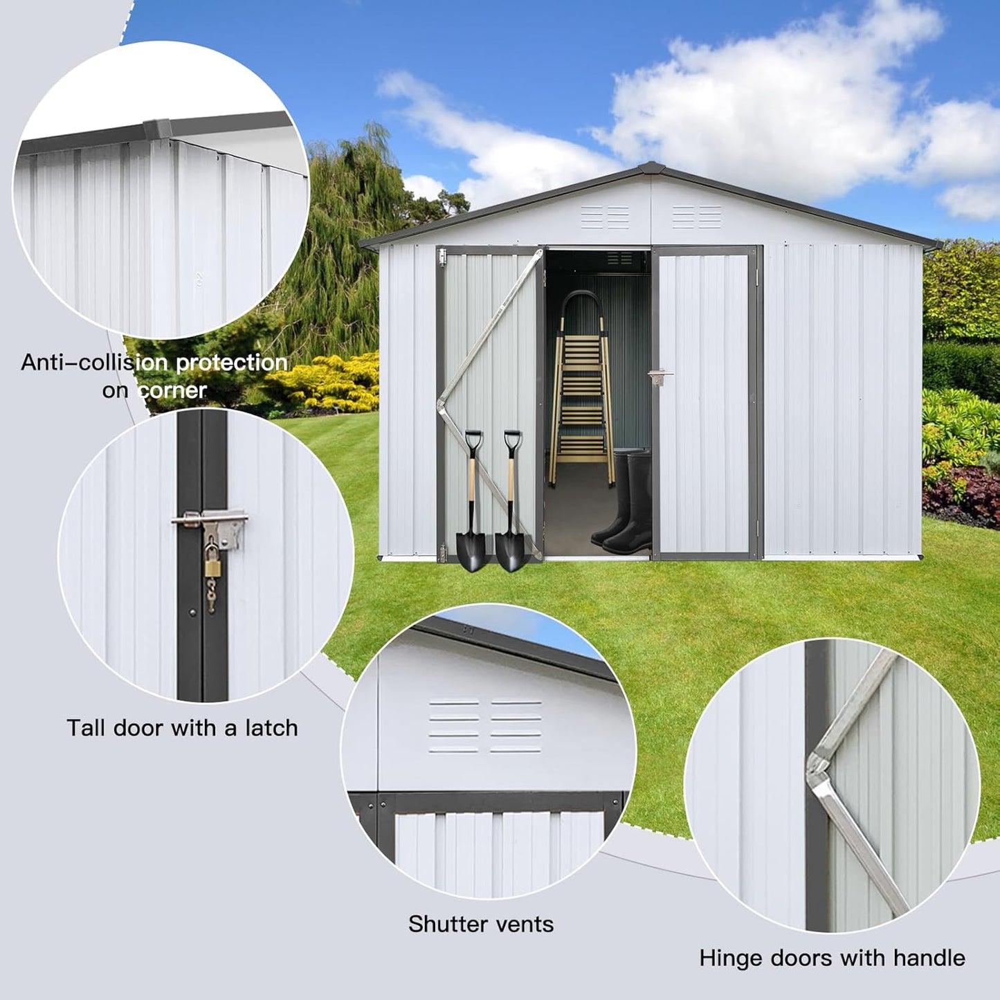 12 x 10 FT Metal Garden Shed, Outdoor Storage Shed with Heavy-Duty Steel Construction, Built-in Punched Vents & Hinged Door, Free Padlock for Secure Backyard, Patio & Garage Storage, White + Grey