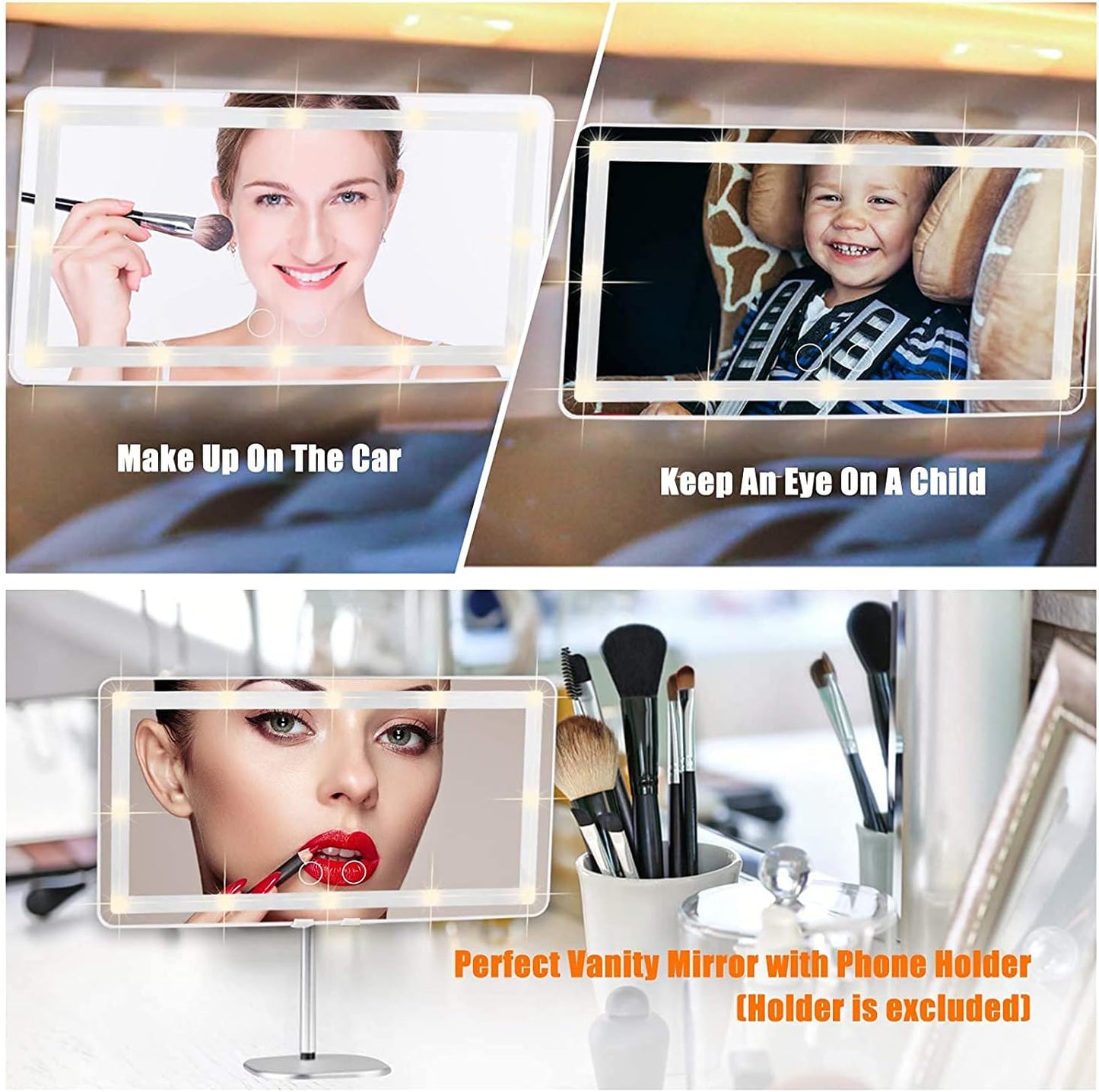 Car Sun Visor Vanity Mirror, Makeup Mirror with 3 Light Modes & 60 LEDs Rechargeable Led Light Car Mirror with Dimmable Touch Screen, Rear View Sun-Shading Travel Cosmetic (White,1 Pack）