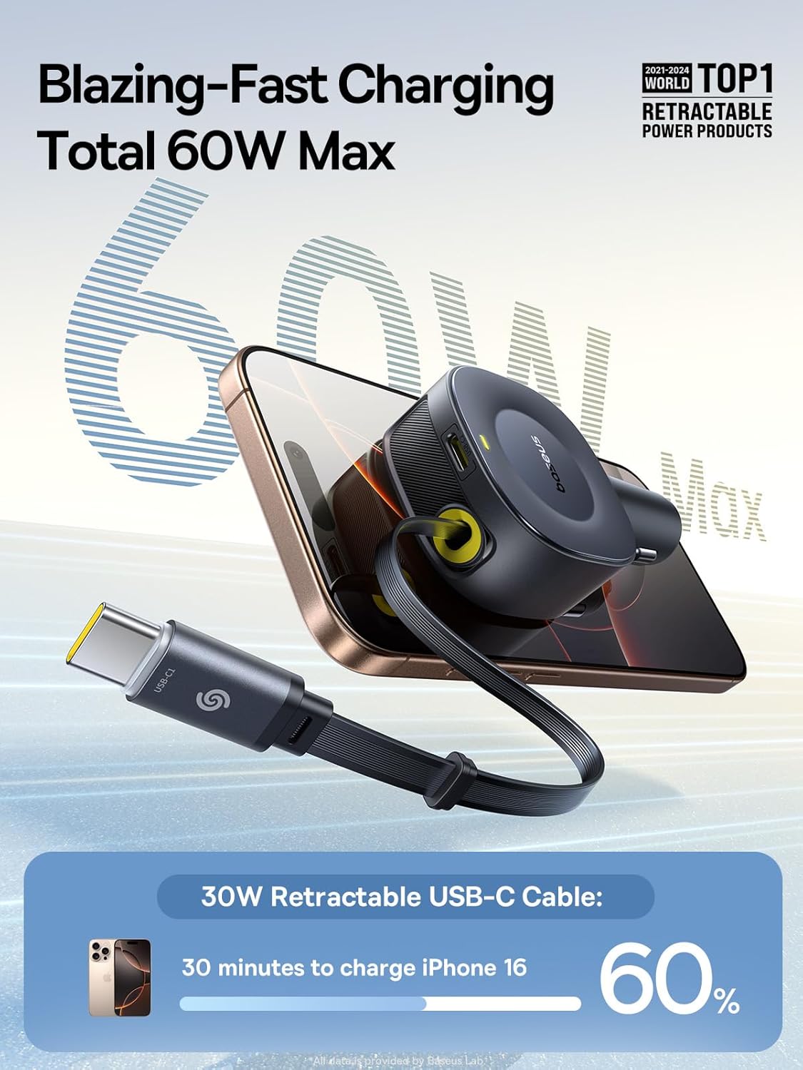 Baseus Ultra-Mini Retractable Car Charger USB C, 60W Fast Charging Car Charger with Retractable USB C Cable for iPhone 16 15 14 Pro Max, Samsung Galaxy S25 Ultra, Android, iPad, AirPods