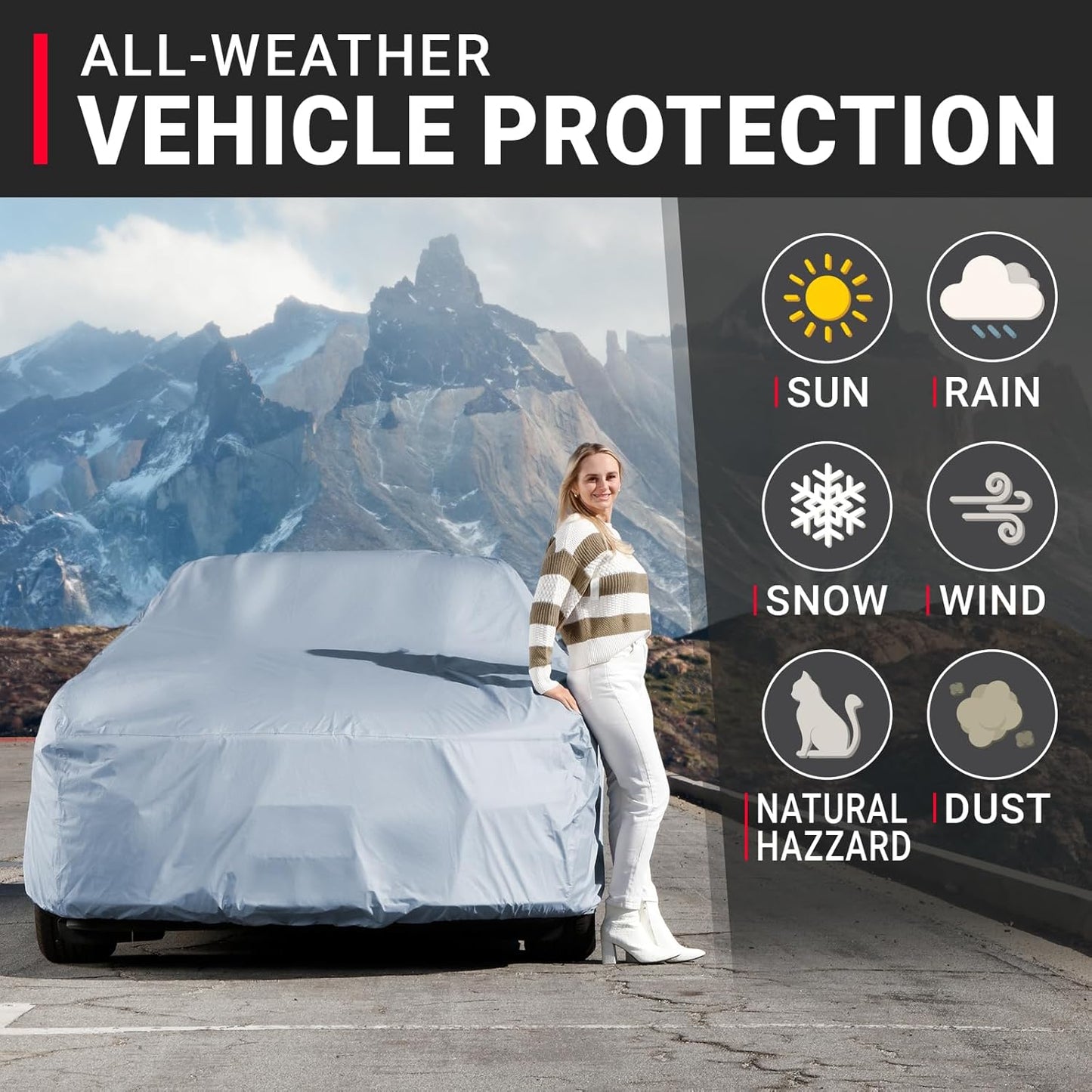 iCarCover 18-Layer Car Cover Waterproof All Weather, Premium Quality Car Covers for Automobiles, UV Protection, El Camino, Impala, Bel Air, Monte Carlo, Galaxie, Charger, Fits 210-216 Inches