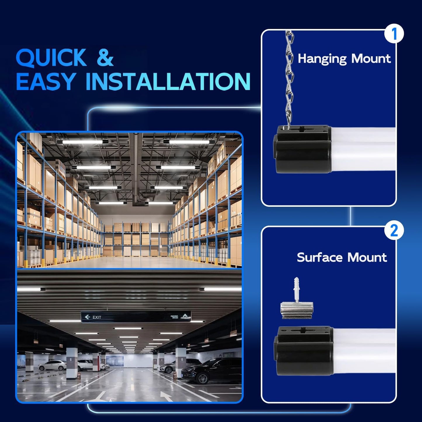 hykolity 10 Pack 4FT Linkable LED Shop Light, Utility Shop Light Fixture, 4400lm, 42W [250W Equivalent], 5000K Daylight Shop Lights for Garage, Hanging or Surface Mount, with Power Cord, ETL, Black