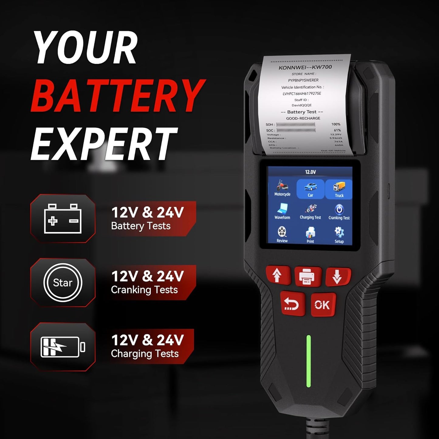 KONNWEI Car Battery Tester with Printer, Automotive 12V 24V Battery Load Tester Cranking and Charging Test 10-2000CCA Battery Analyzer Alternator Tester for Car Truck Motorcycle (Paper Included)