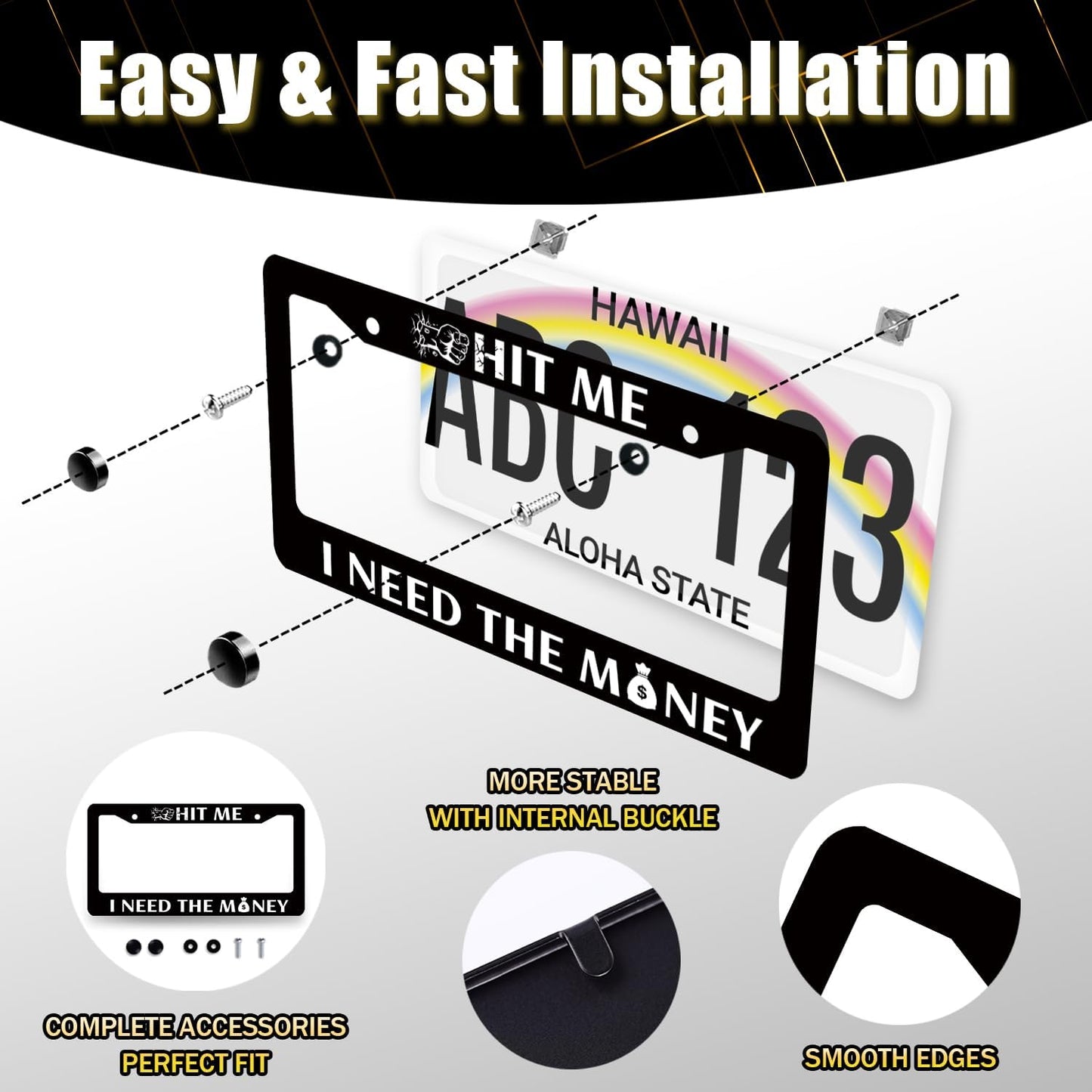 Funny License Plate Frame Hit Me I Need The Money License Plate Holder Stainless Steel License Plate Car Accessory Personalise License Plate Decoration Size 12.2" x 6.2" with Screws