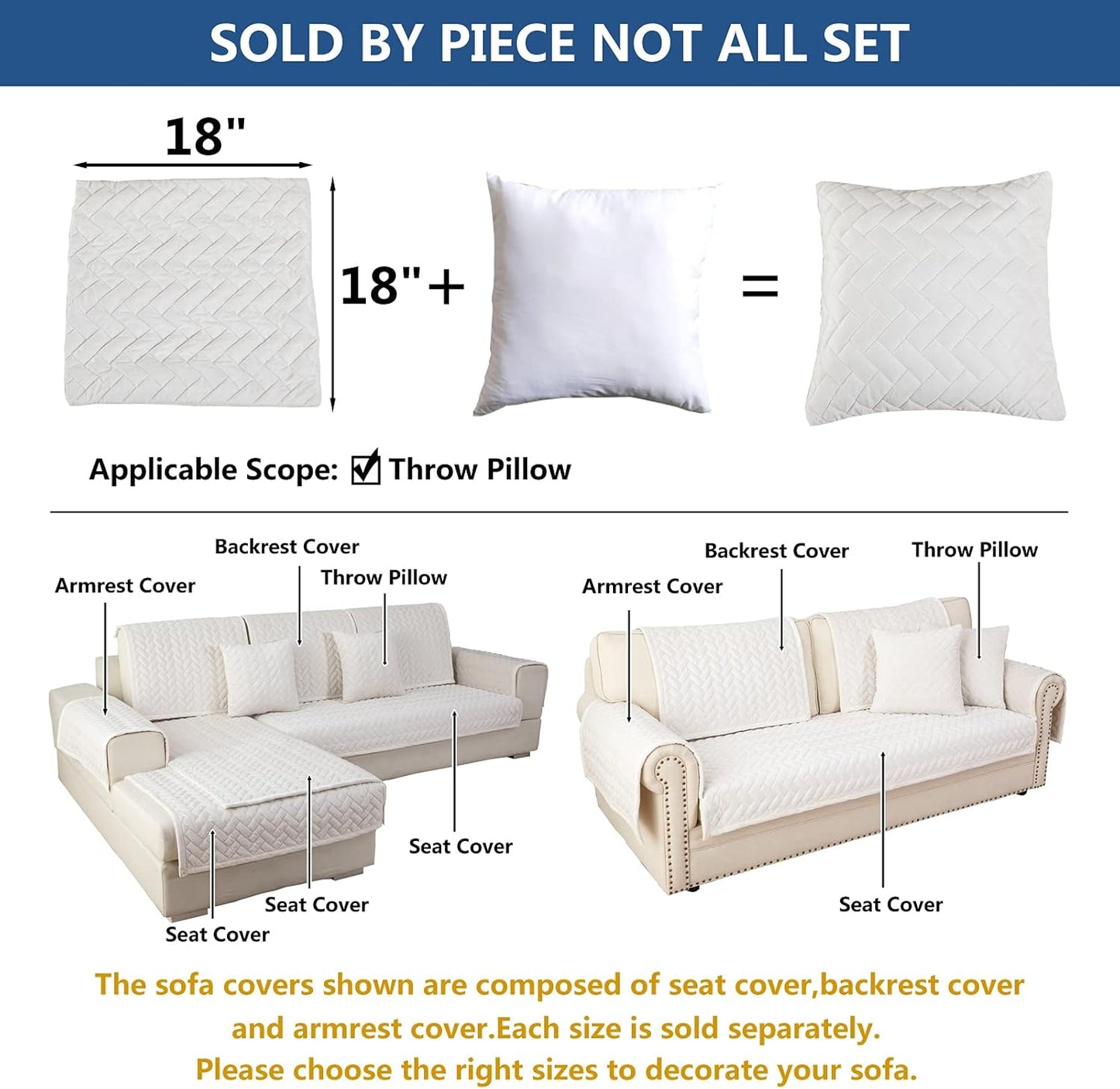 Eismodra Throw Pillows,Couch Cover,Sofa Cover,Sectional Couch Covers for 3 Cushion Couch,Sofa Slipcovers for Dogs Cats Pet Loveseat Recliner Leather L Shaped,White 18 x 18 Inches (Only 1 Piece)