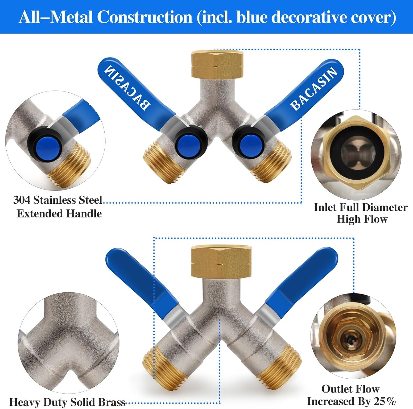 Brass Garden Hose Splitter, Garden Hose Splitter 2 Way Heavy Duty, With 2 304 Stainless Steel Extension Handles, 2-Way Y-Valve 3/4” GHT Threads (Increase Flow Style)