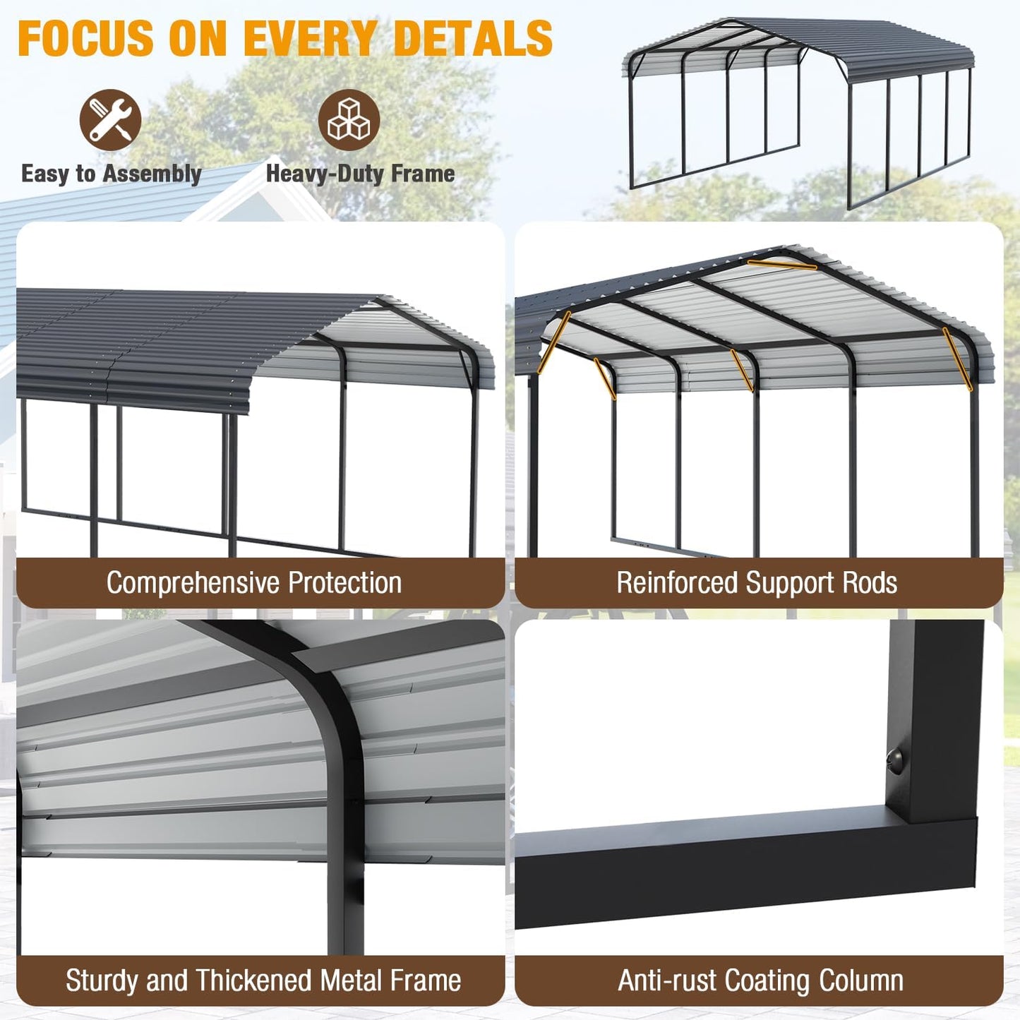 EBE 12 x 20 FT Metal Carport, Heavy Duty Carports with Galvanized Steel Roof, Outdoor Multi-Use Carport Canopy, Garage Car Shelter Shade for Car, SUV, Truck, and Boats
