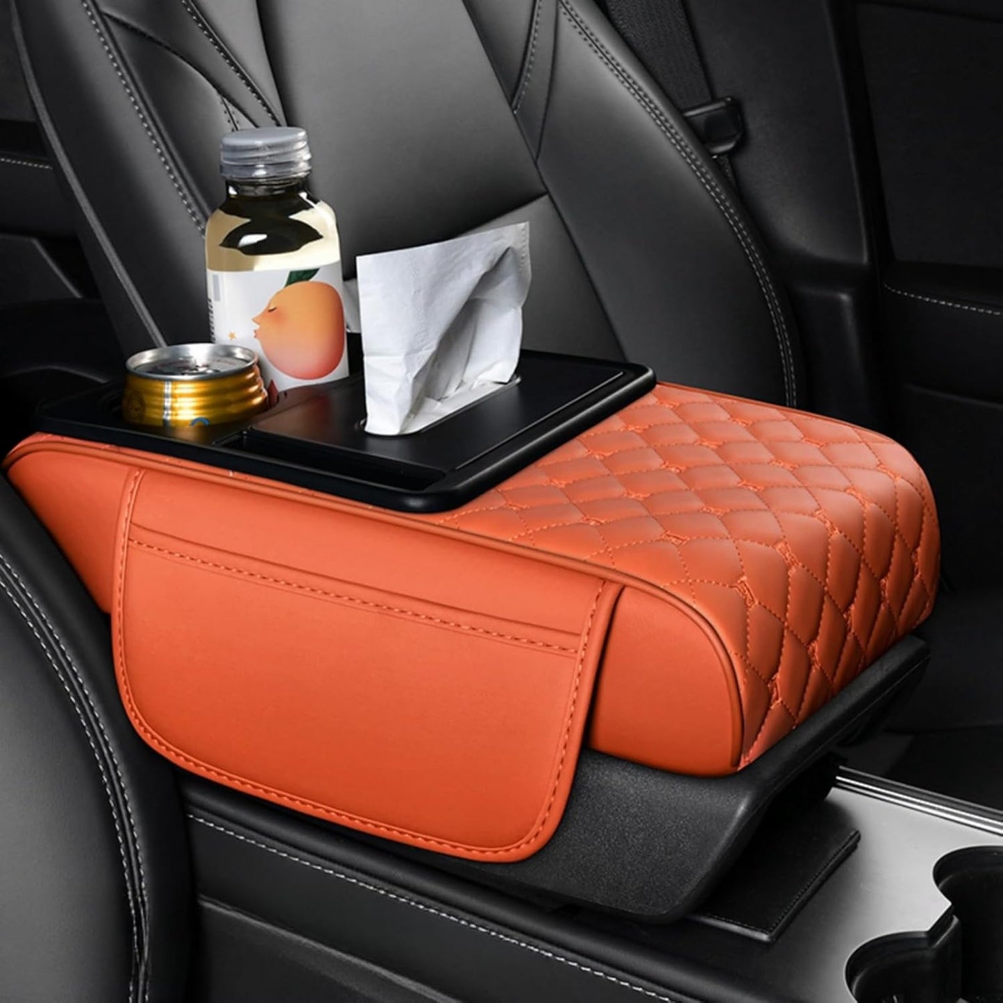 Center Console Cover Organizer, 5-In-1 Arm Rest Cover for Car with Cup Holder & Storage Pocket & Tissue Holder, Armrest Cover Cushion Pad, Grid, Emma Orange