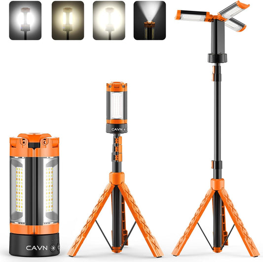 CAVN Rechargeable 10000mAh Camping Lights with Stand 6.5 ft Max Height, Portable Cordless LED Work Light 2200 Lumens 6500/4500/3500K Dimmable Camping Essentials Gear with Detachable Tripod, Orange