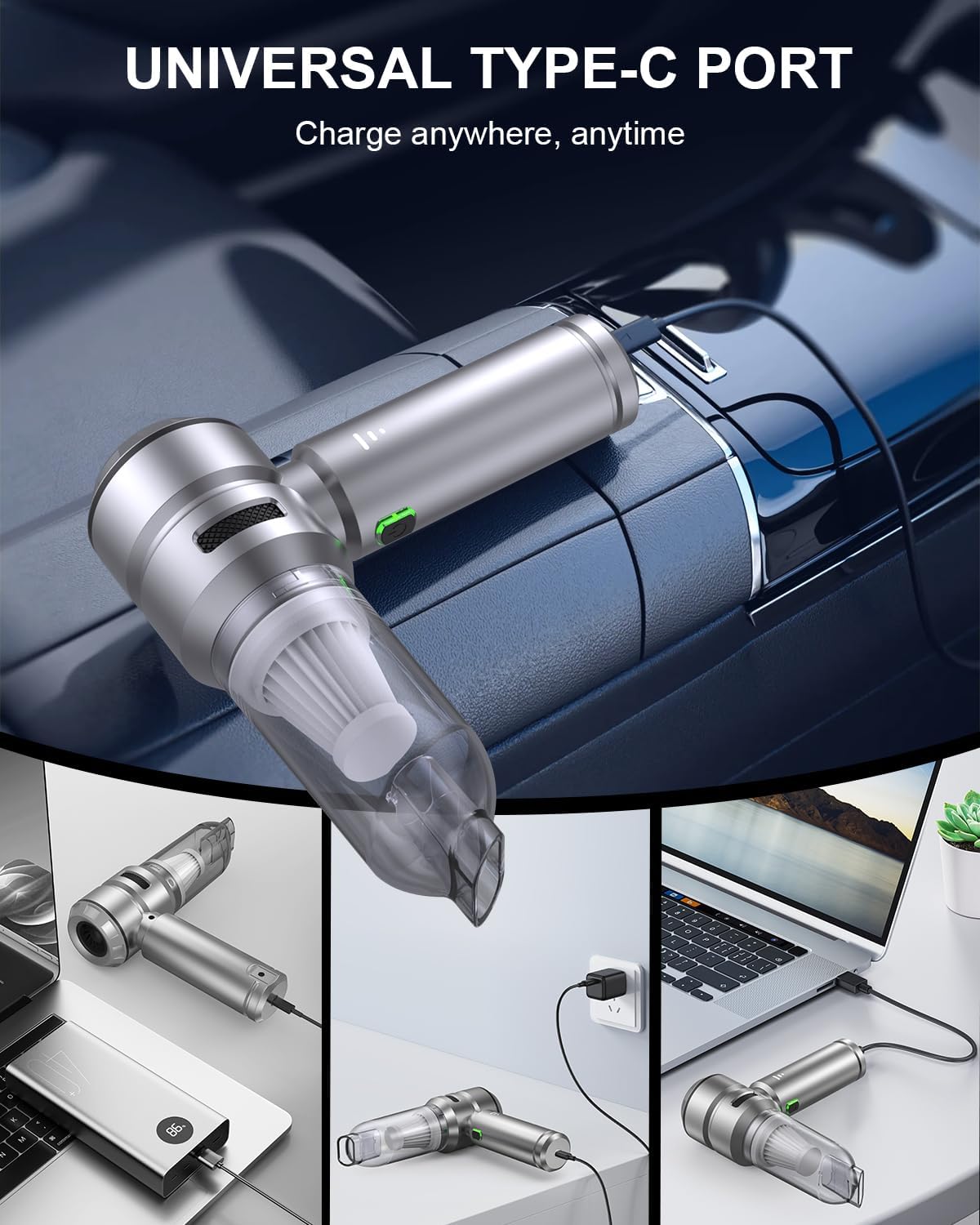 Car Vacuum,3 Suction Modes,Portable Mini Cordless Cleaner with 21000pa Suction Power,Type-C Charge,Handheld Vacuum for Home,Car, Office Desk, Keyboards(Light Silver)
