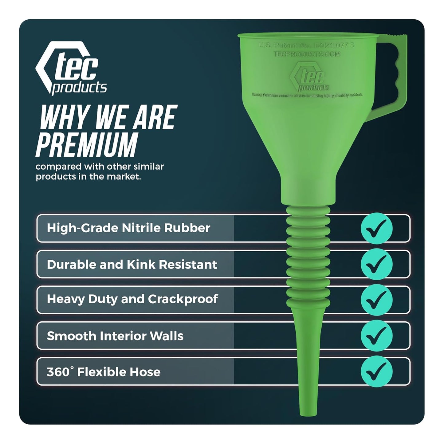 FlexAll Long Flexible Funnel for Automotive Use - Durable Nitrile Rubber - Ideal for Car Oil Change, Transmission Funnel Fluid, Diesel, Fuel, Gas - Made in USA - Green (16 x 5 Inches)