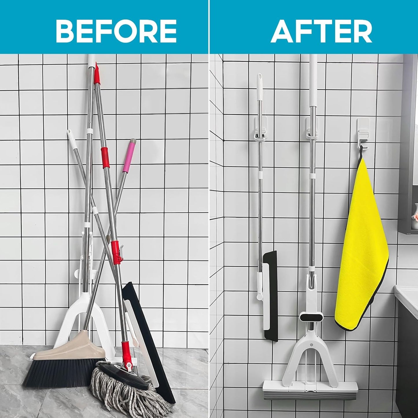 Broom Holder Wall Mount, 2 Pack Broom and Mop Organizer Wall Hanging Self Adhesive, No Drilling, Anti-Slip Broom and Mop Hanger Wall Mount Cleaning Ideal for Bathroom, Kitchen, Garden, Garage