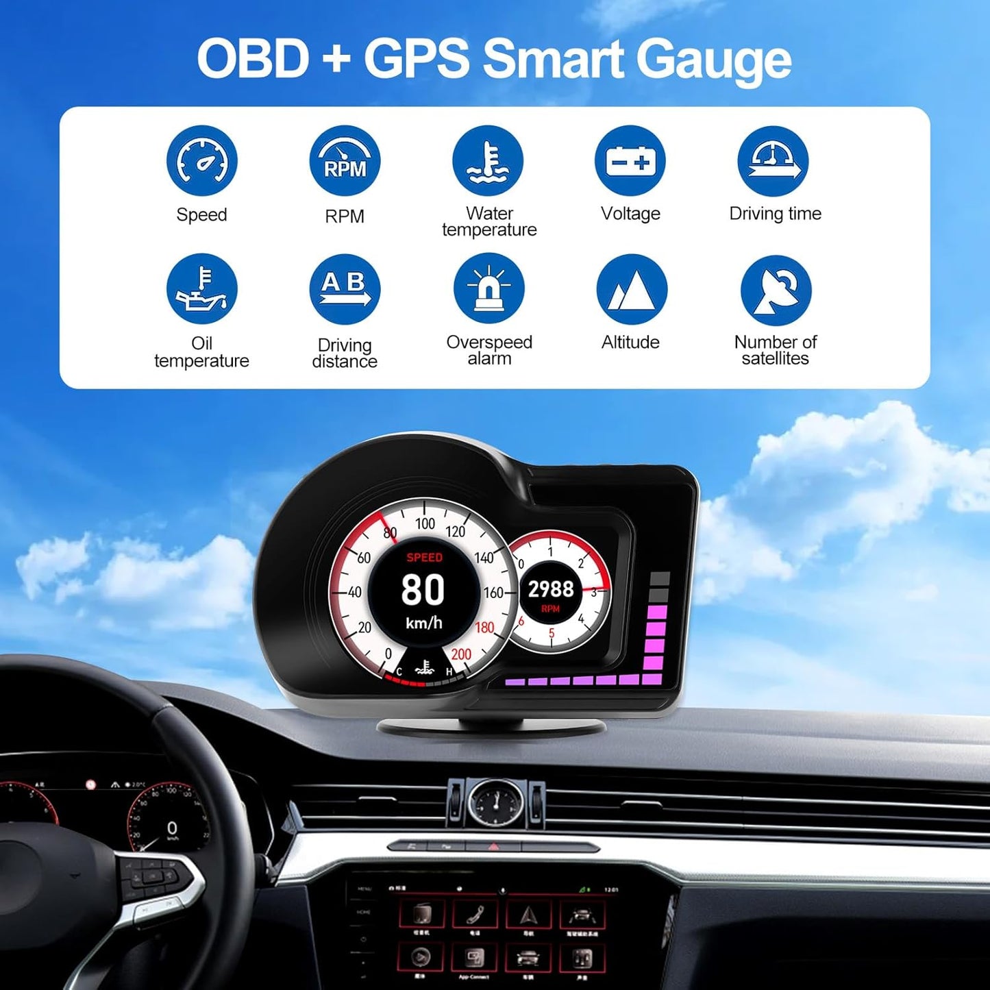 Head Up Display HUD F16 with OBD2 + GPS Dual System Digtial Speedometer, 3.5" IPS Smart Gauge, Speed, Voltage, Engine RPM, OverSpeed Warning, Water Temperature, Turbo Pressure for Cars After 2008