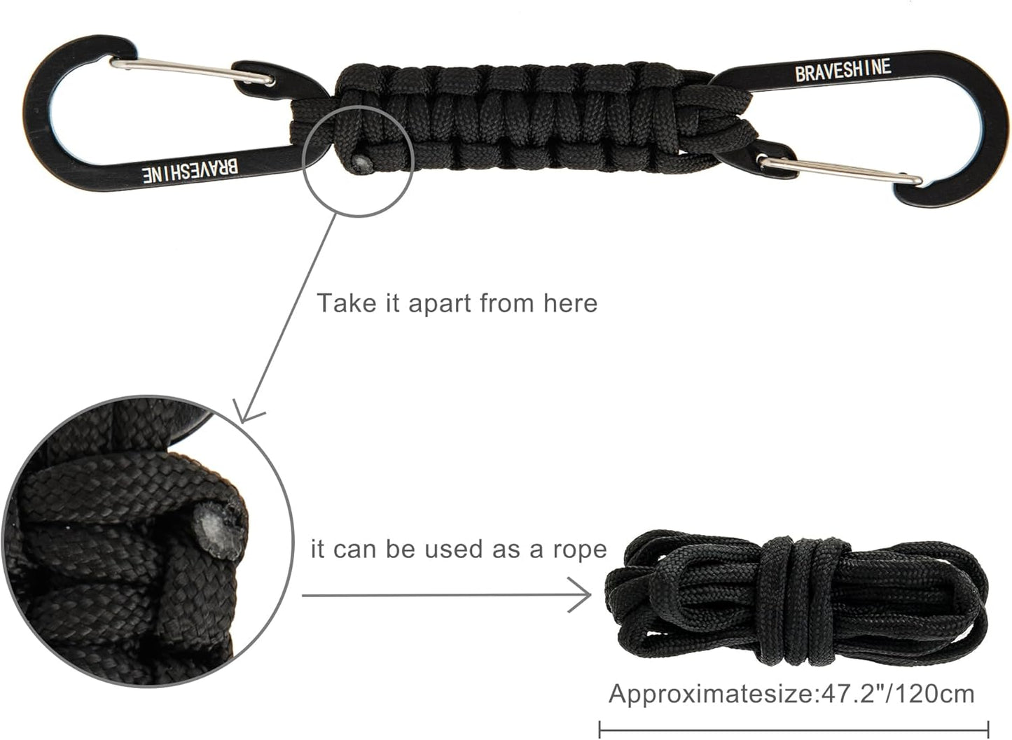 BRAVESHINE Paracord Keychain Carabiner Clip, D Ring Lanyard Hanger Stroller Hook for Water Bottle, Key, Backpacks, Men, Women