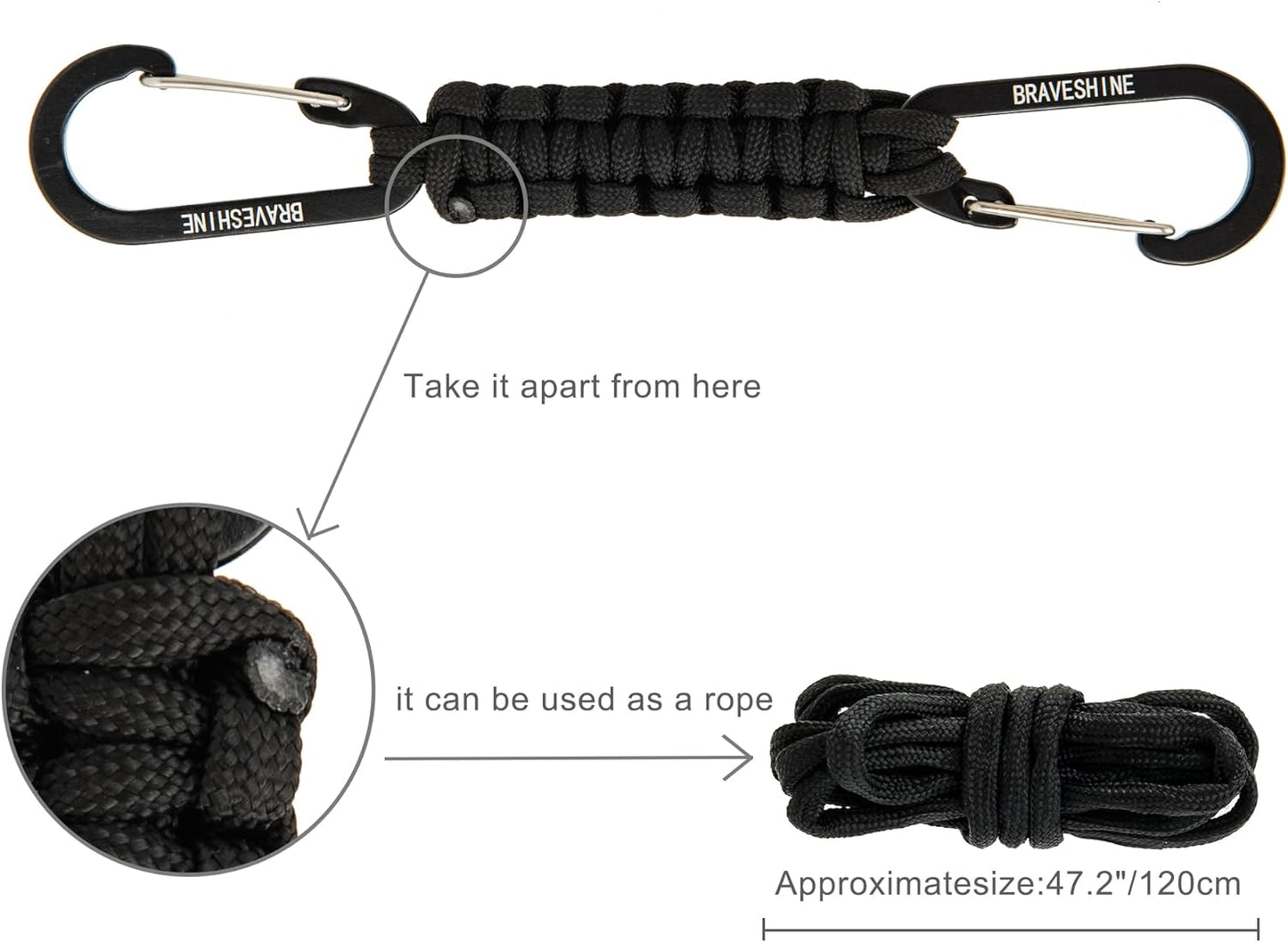 BRAVESHINE Paracord Keychain Carabiner Clip, D Ring Lanyard Hanger Stroller Hook for Water Bottle, Key, Backpacks, Men, Women