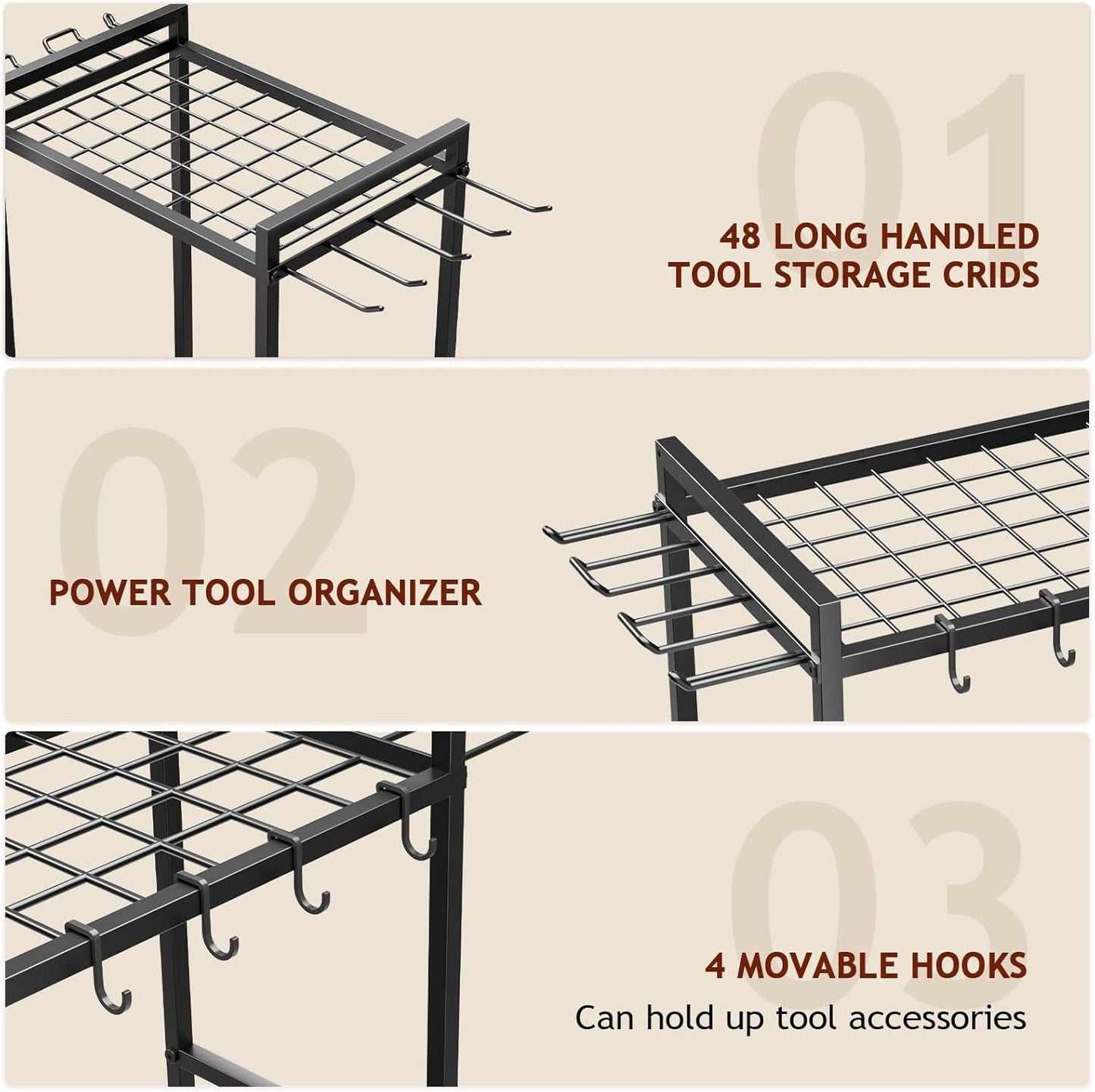Garden Garage Tool Organizer Yard Tool Organizer for Garage with 4 Hooks, Heavy duty Steel Garden Tool Rack Holds up to 48 Long Handled Yard tools for Storage
