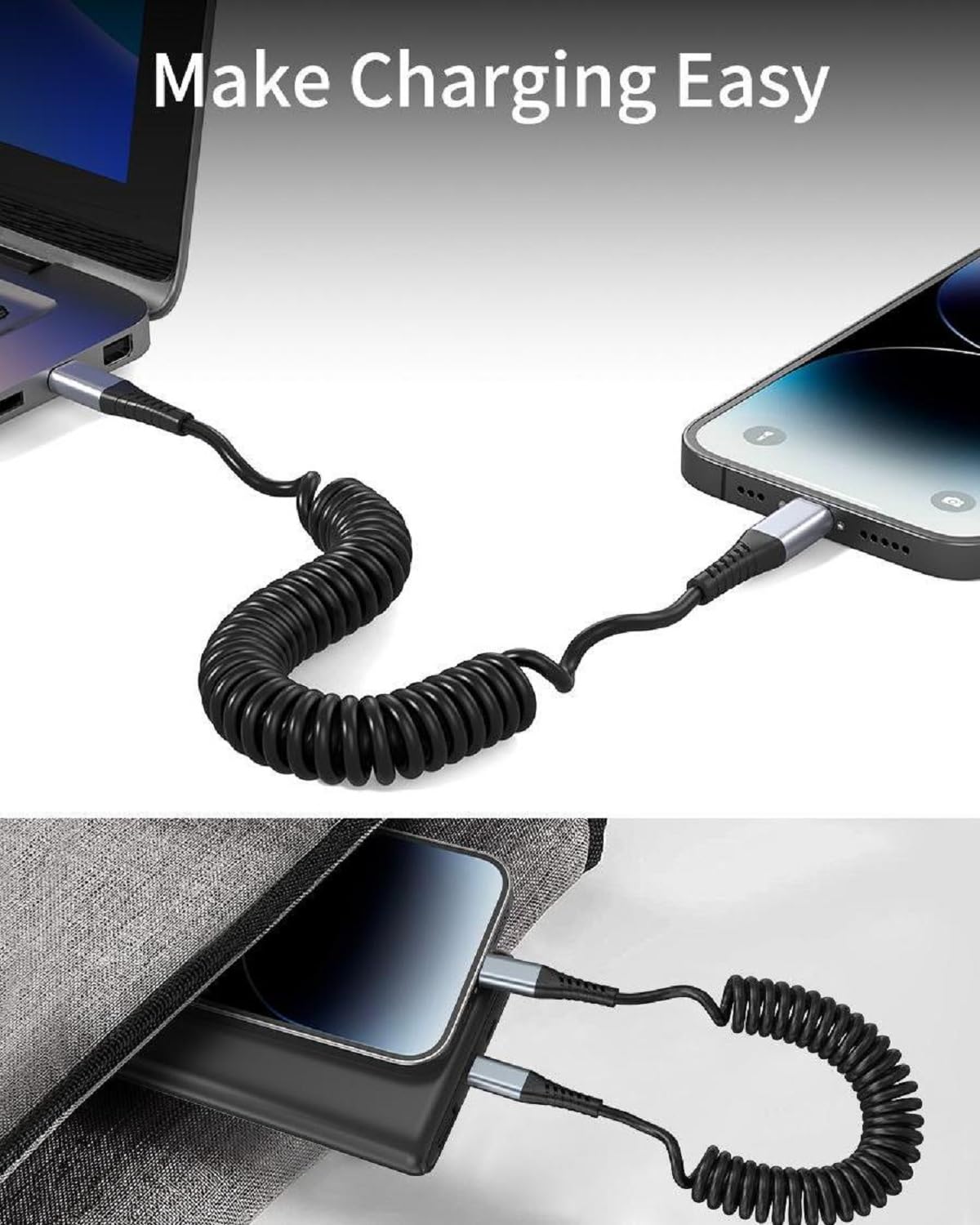 Coiled USB C Cable, 2 Pack USB Type C Coiled Cable for Car Short USB C Retractable Cable for iPhone 15 Pro Max, Samsung Galaxy S23 S22, Moto G8, Google Pixel, USB C Carplay Cord for Android Auto