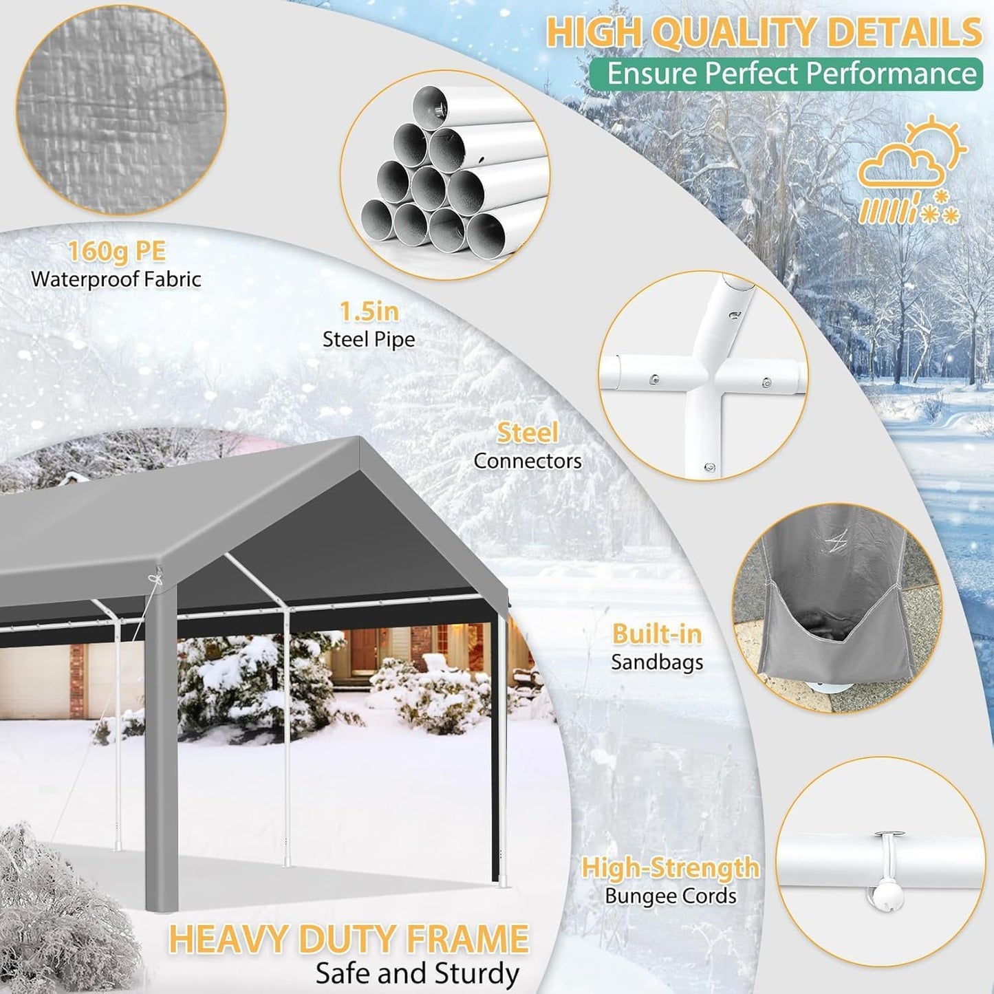 COBIZI Carport 10x20ft Heavy Duty Portable Garage, 2.0 Powder Coated Frame(Better Than Galvanized), Waterproof Shelter with Built-in Sandbags, for Car/Boat/SUV, Gray