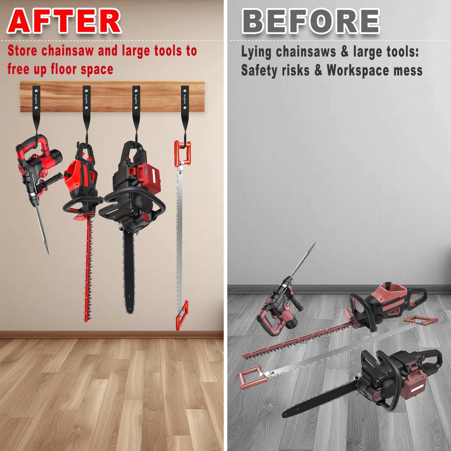 Chainsaw Hanger,Chainsaw Holder for Garage Wall Mount, Garage Storage Hooks for Chainsaw, Backpack Blower, Weed Eater & Tools,Rustproof Chainsaw Hook Organizes Tools, Saves Space(4 Pcs)