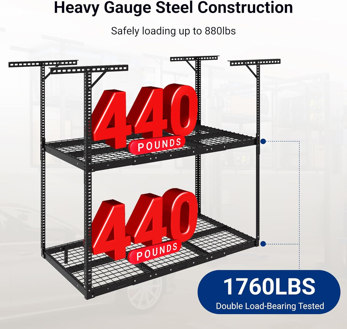 FLEXIMOUNTS 3x6 2-Tier Overhead Garage Storage Rack – Adjustable Heavy Duty Metal Garage Ceiling Storage Racks, 880 lbs Capacity – Garages Organization System for 10–15 ft Tall Garages, Black