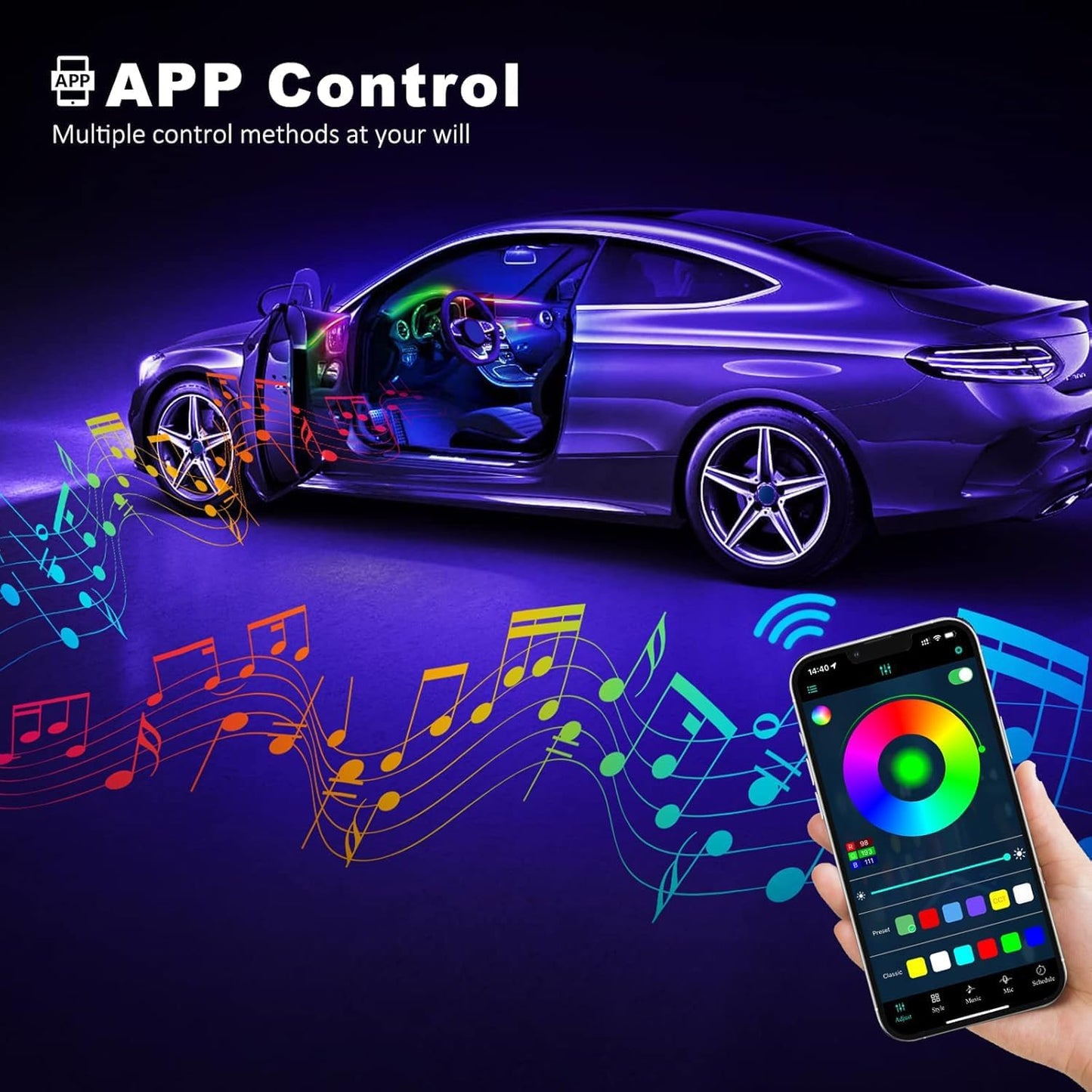 Acrylic Interior Car LED Strip Light with Wireless APP, RGB Dreamcolor 5 in 1 Ambient Lighting Kits, 16 Million Colors Sound Active Function Car Neon Lights, Sync to Music (dreamcolor 5 in 1)