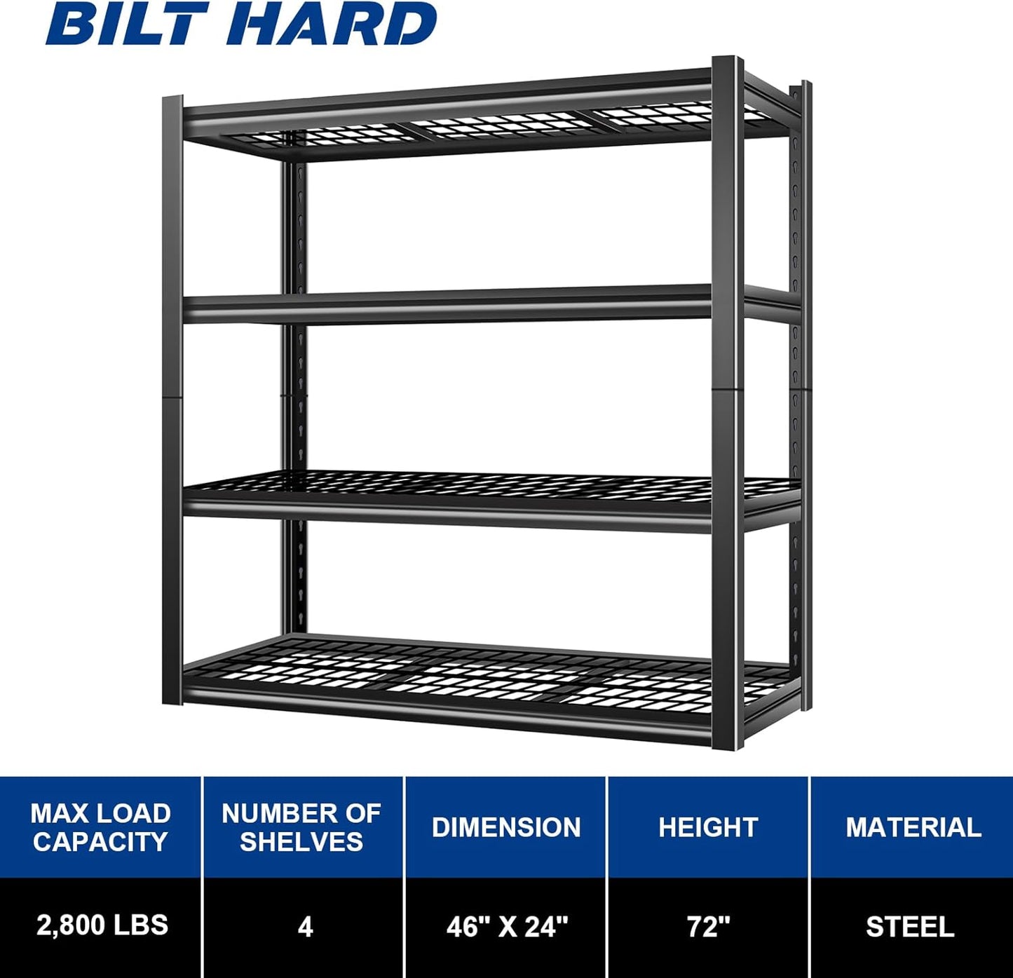 BILT HARD 46" W x 24" D x 72" H Heavy Duty Garage Shelving, 4-Tier Industrial Metal Shelving Units with Adjustable Shelf, Steel Utility Shelves for Warehouse, Garage