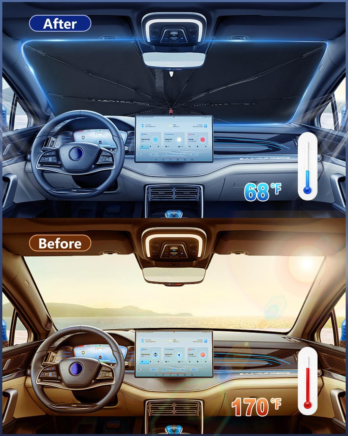 Car Windshield Sun Shade-Sun Ray Reflective Front Window Cover,Foldable Car Sunshade Windshield Umbrella with Bendable Handle for Heat and Sun Protection,Easy to Install for Cars,SUVs,Trucks and Vans