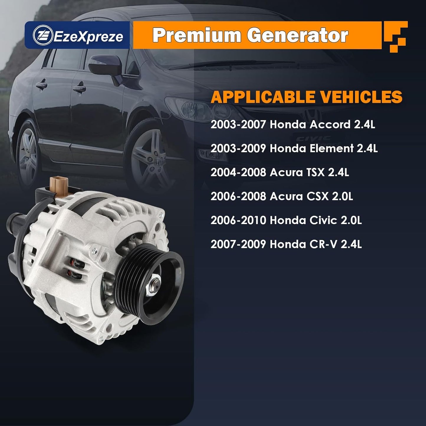Ezexpreze 13980 Alternator for Honda Accord 03-07 for Honda CR-V 07-11 for Honda Element 03-11 (2.4L) for Honda Civic 06-11 (2.0L), for Acura CSX 06-08 (2.0L) for Acura TSX 04-08 (2.4L), AND0257 CSD73