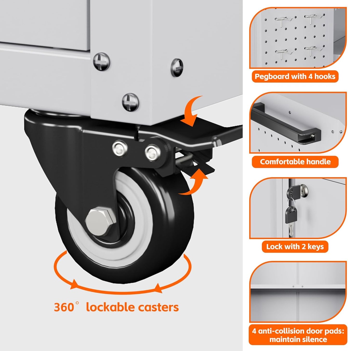 Garage Storage Cabinet with Wheels & Pegboard, 34.3" H Locking Metal Tool Storage Cabinet with Doors and Shelf & 4 Hooks for Garage, Home, Workshops, Assembly Required, White